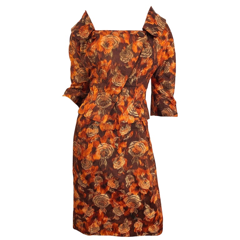 Beautiful 1950s Rose Print Silk Brocade Brown Orange Gold 50s Dress and ...