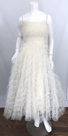 XS Beautiful 1950s White Tulle Demi Couture Strapless Vintage 50s Tiered Gown