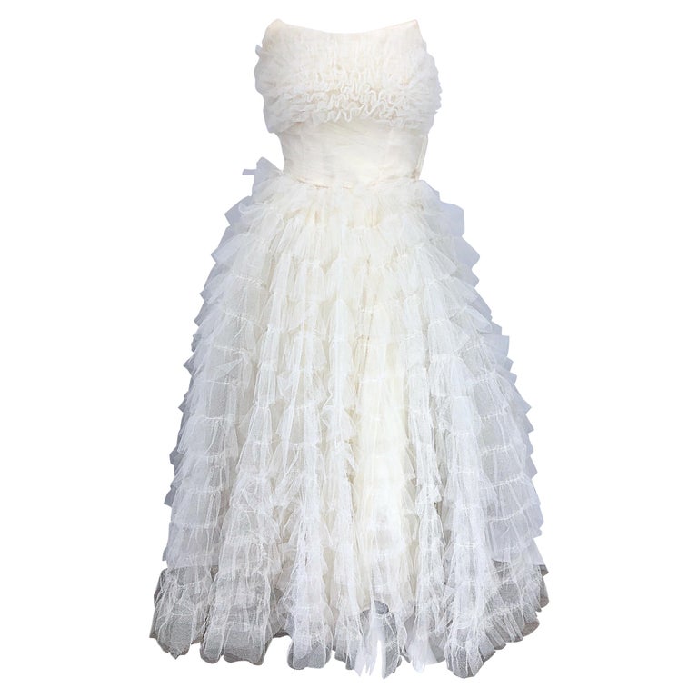 Xs Beautiful 1950s White Tulle Demi Couture Strapless Vintage 50s Tiered Gown