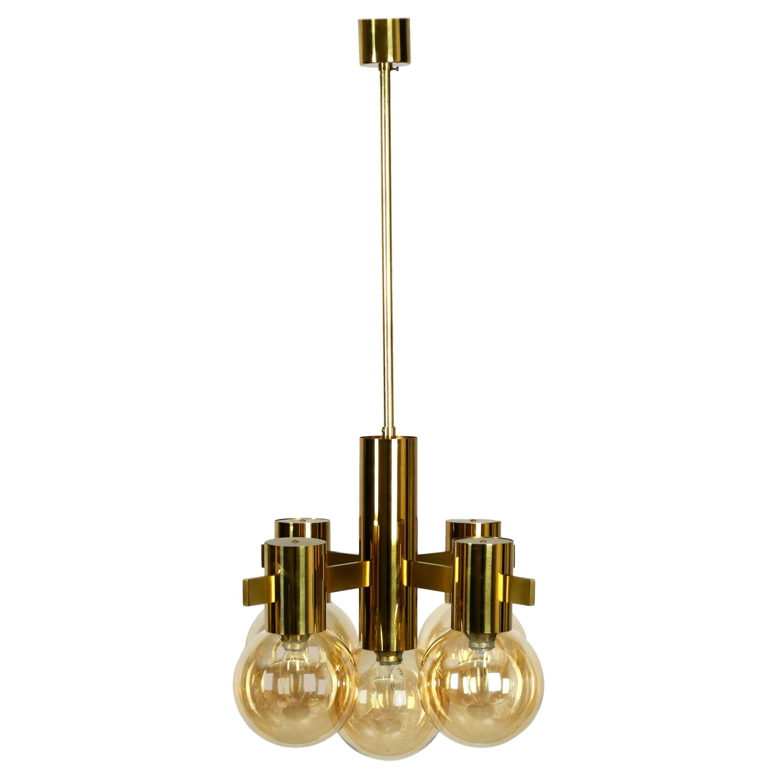 Beautiful 1960s Brass Ceiling Lamp by Hans Agne Jakobsson with 5 Glass Balls