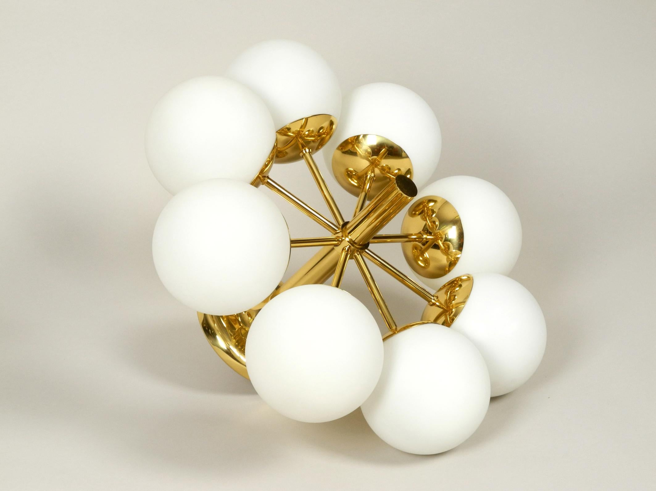 German Beautiful 1960s Brass Ceiling Lamp with 8 Glass Globes by Kaiser Leuchten 