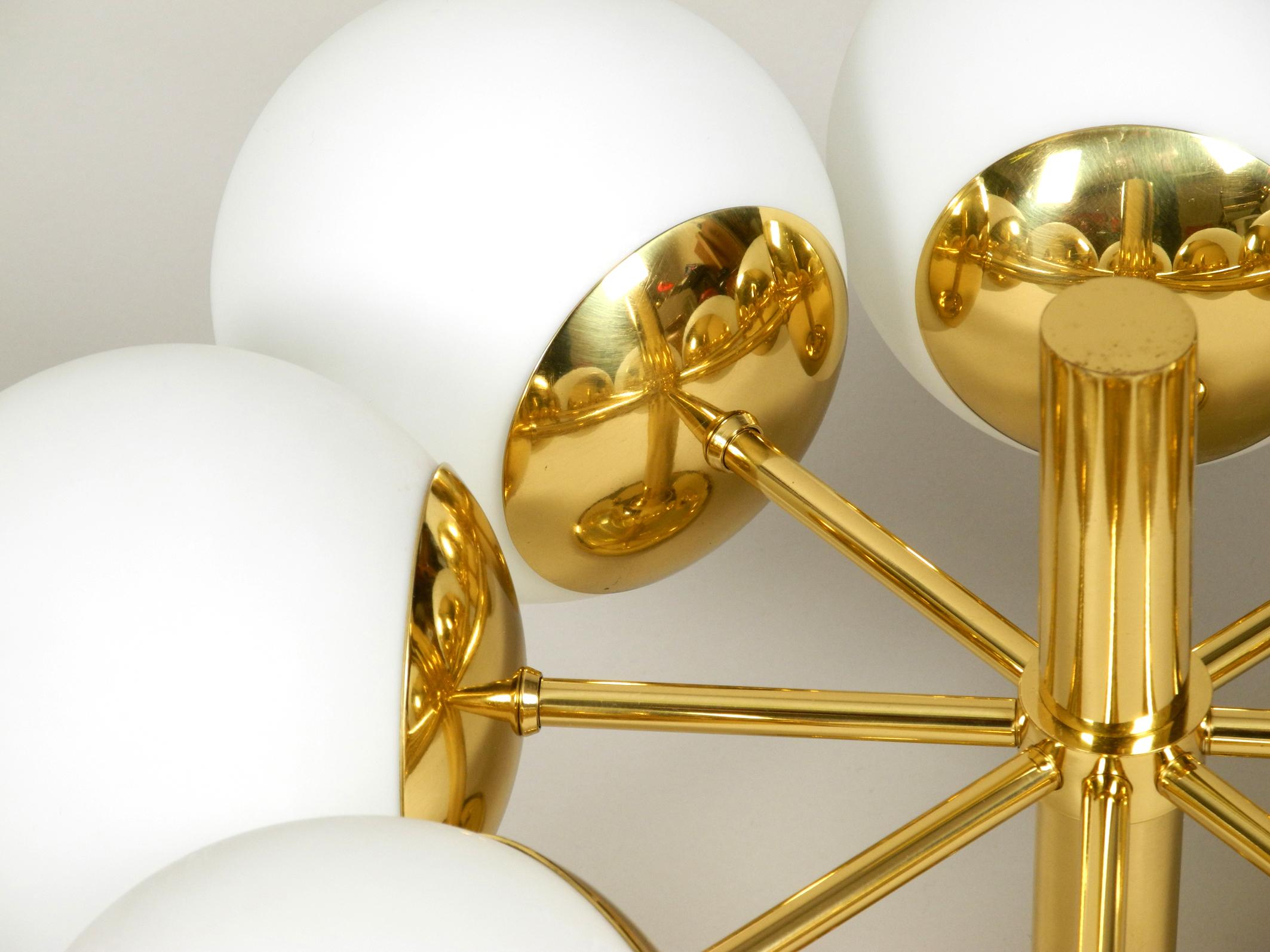 Beautiful 1960s Brass Ceiling Lamp with 8 Glass Globes by Kaiser Leuchten  1