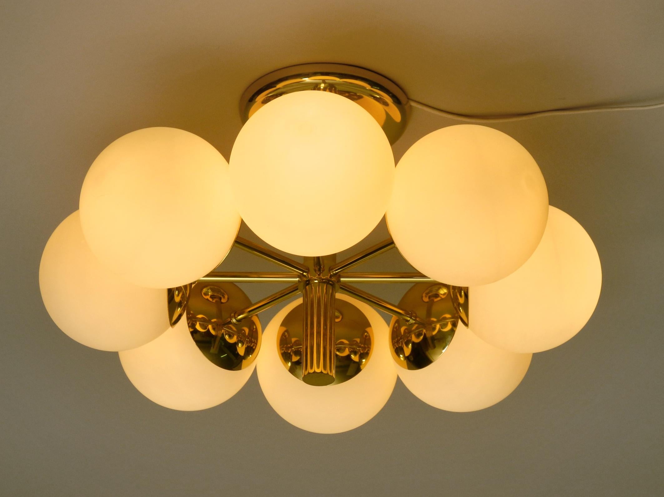 Beautiful 1960s Brass Ceiling Lamp with 8 Glass Globes by Kaiser Leuchten  2