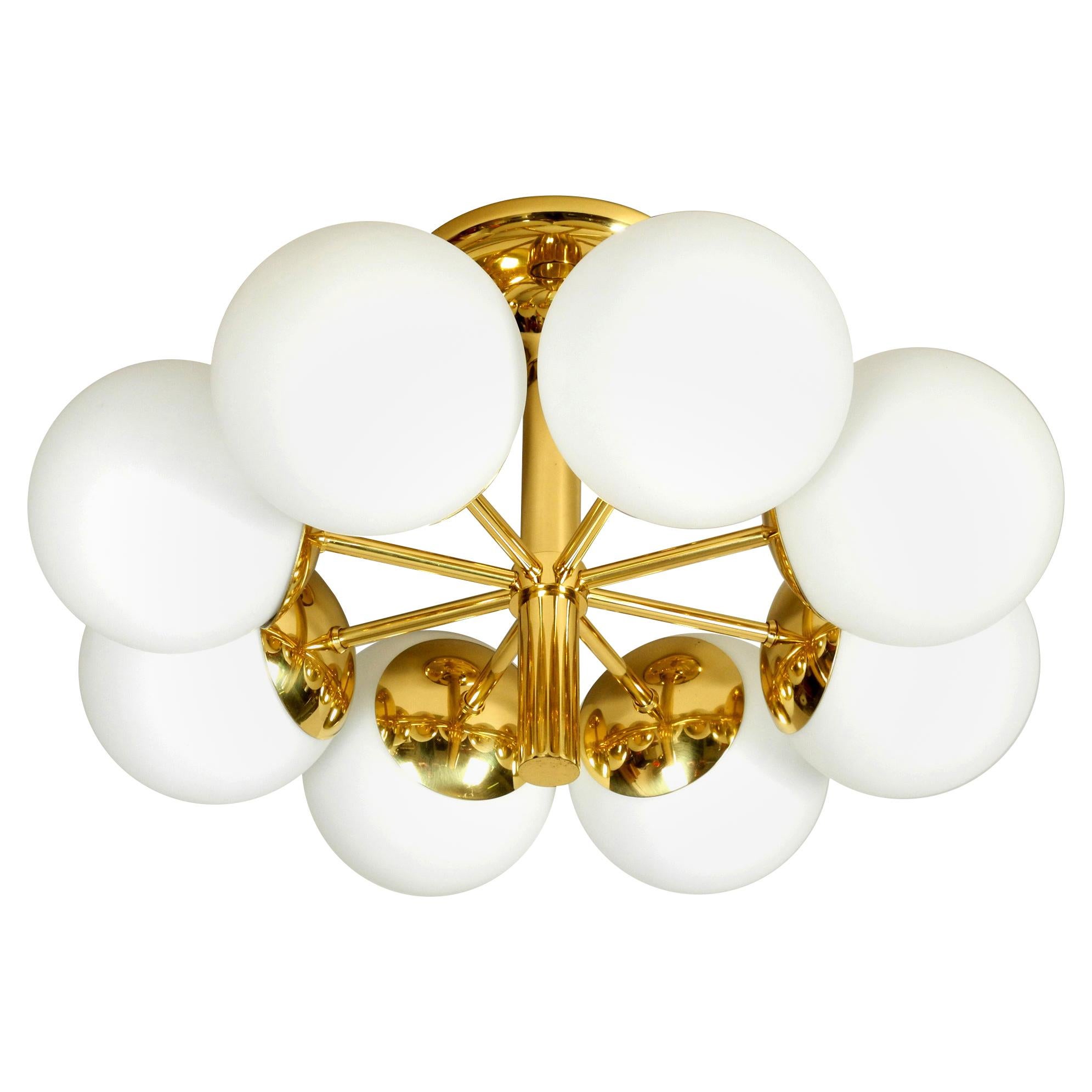 Beautiful 1960s Brass Ceiling Lamp with 8 Glass Globes by Kaiser Leuchten 