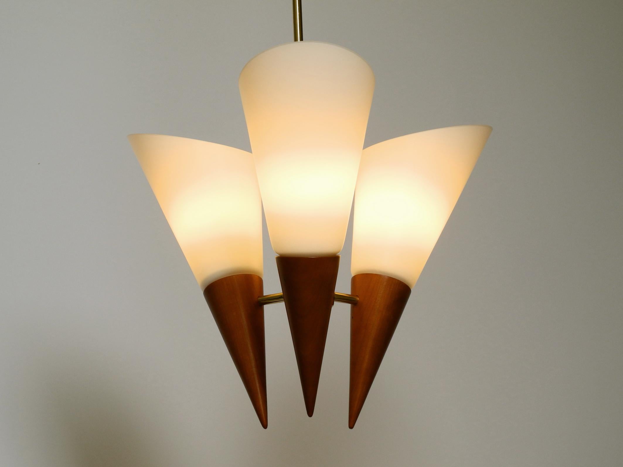 Schöne 1960er Deckenlampe aus Messing, Kirschholz mit großen Glasschirmen  im Angebot 12