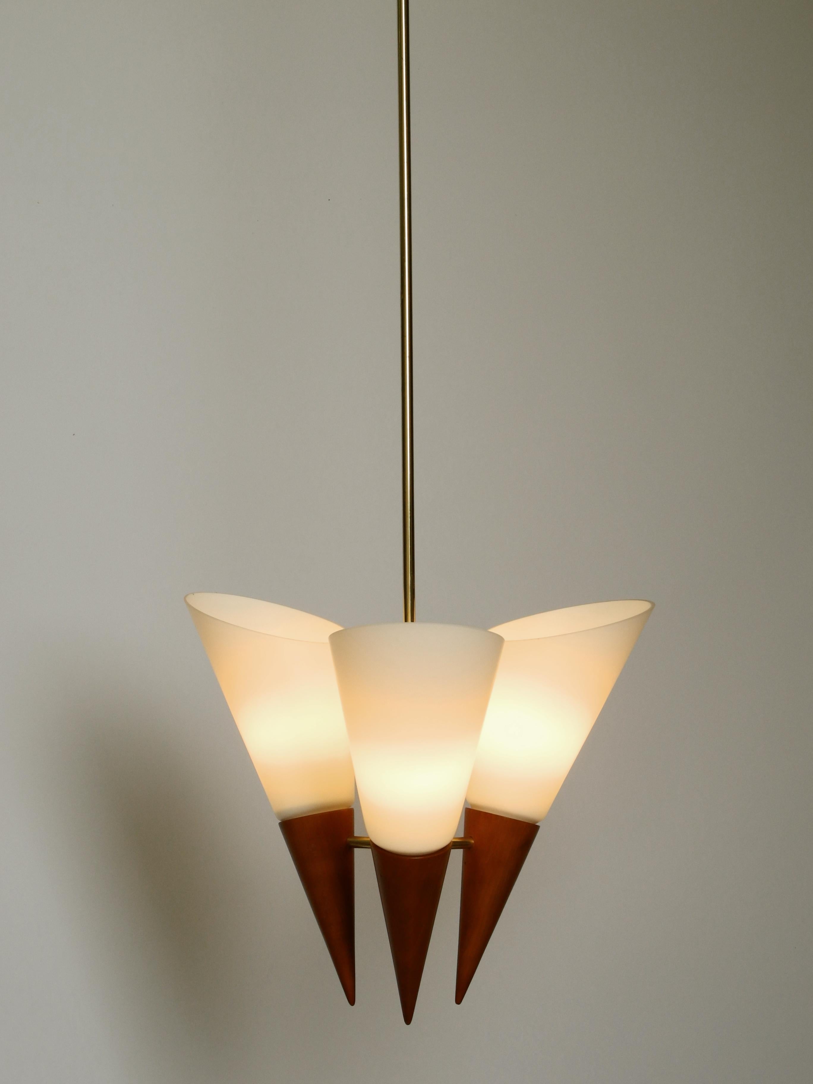 Schöne 1960er Deckenlampe aus Messing, Kirschholz mit großen Glasschirmen  im Angebot 13