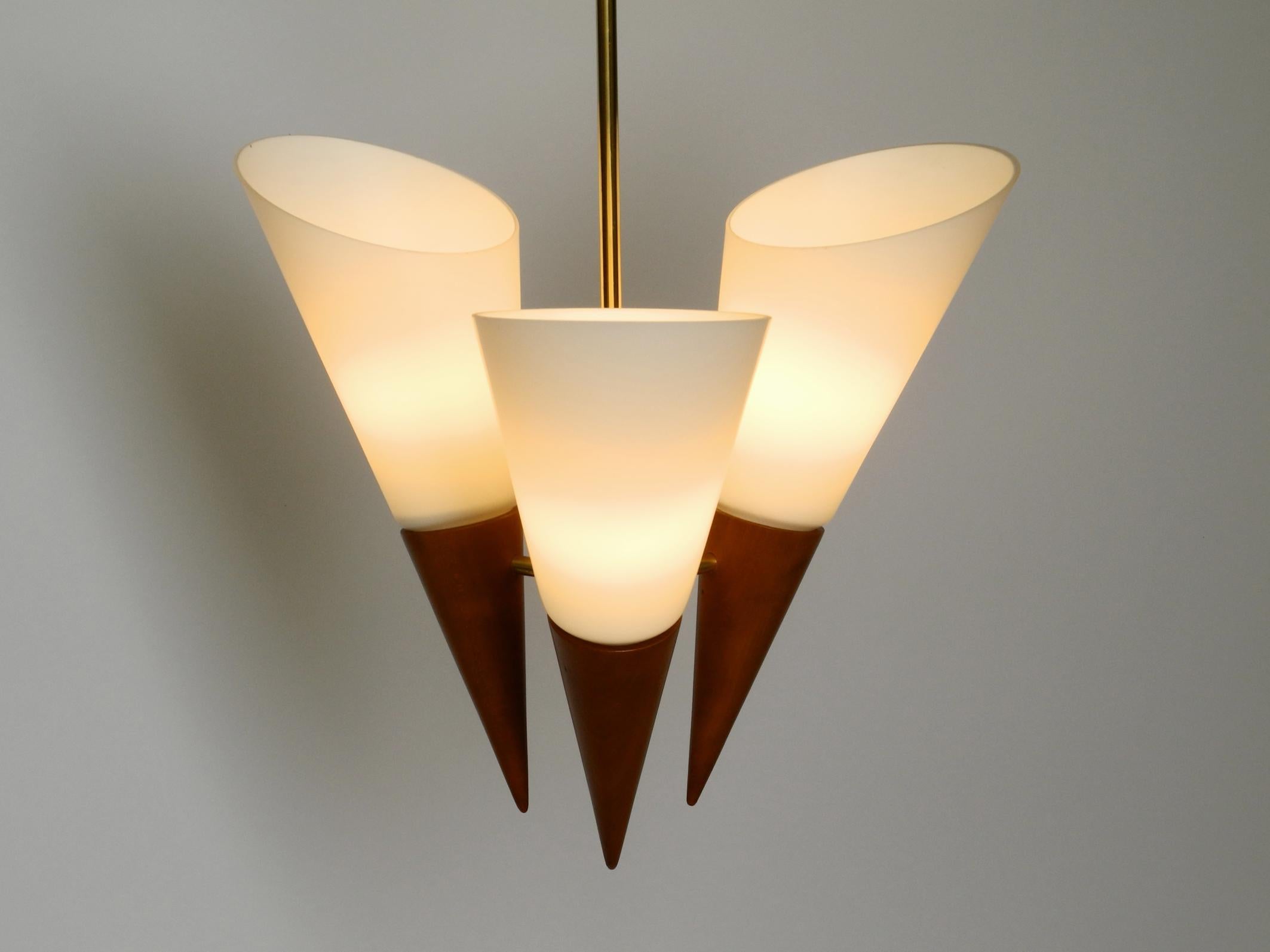 Schöne 1960er Deckenlampe aus Messing, Kirschholz mit großen Glasschirmen  (Moderne der Mitte des Jahrhunderts) im Angebot