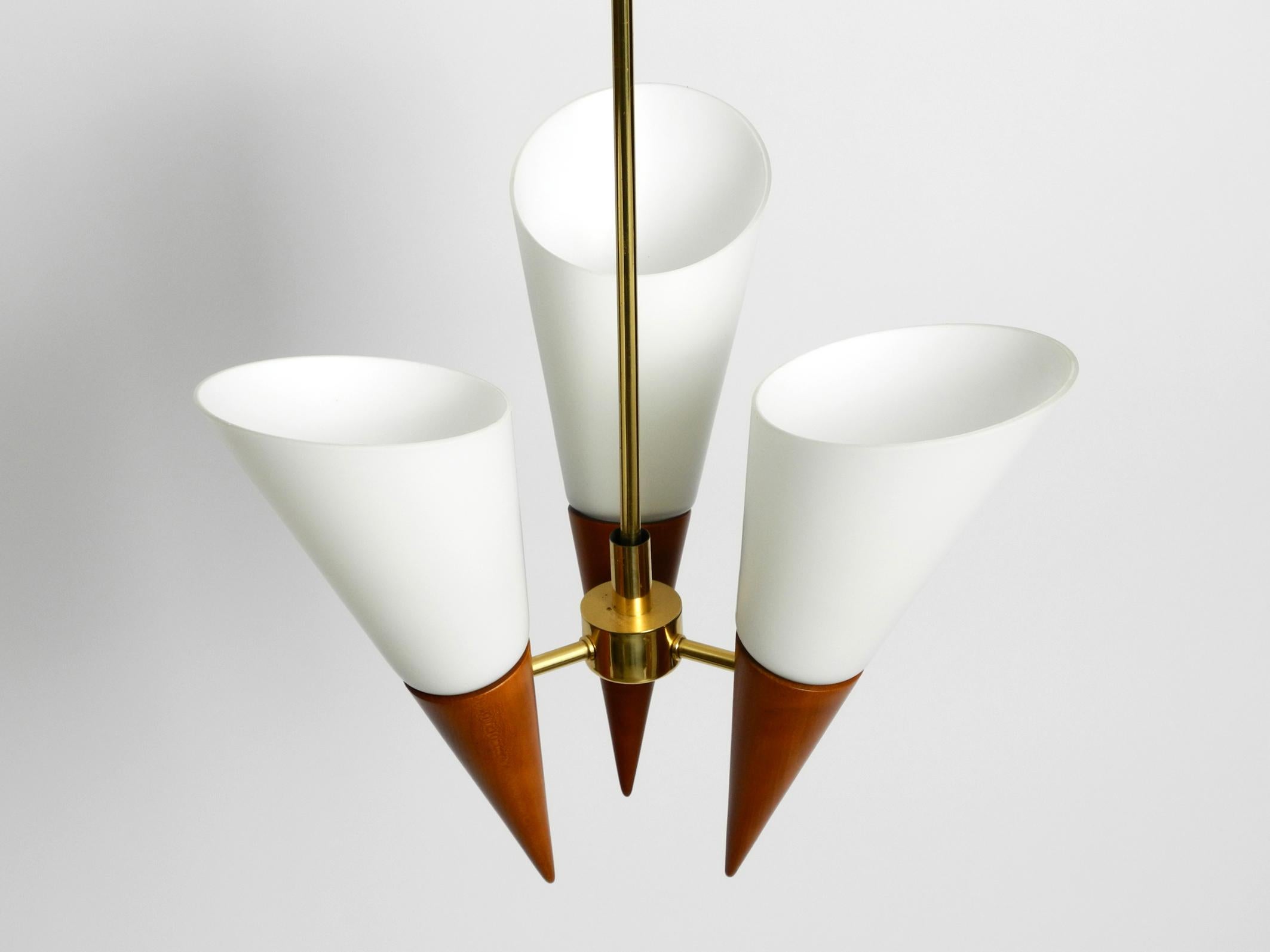 Schöne 1960er Deckenlampe aus Messing, Kirschholz mit großen Glasschirmen  (Deutsch) im Angebot