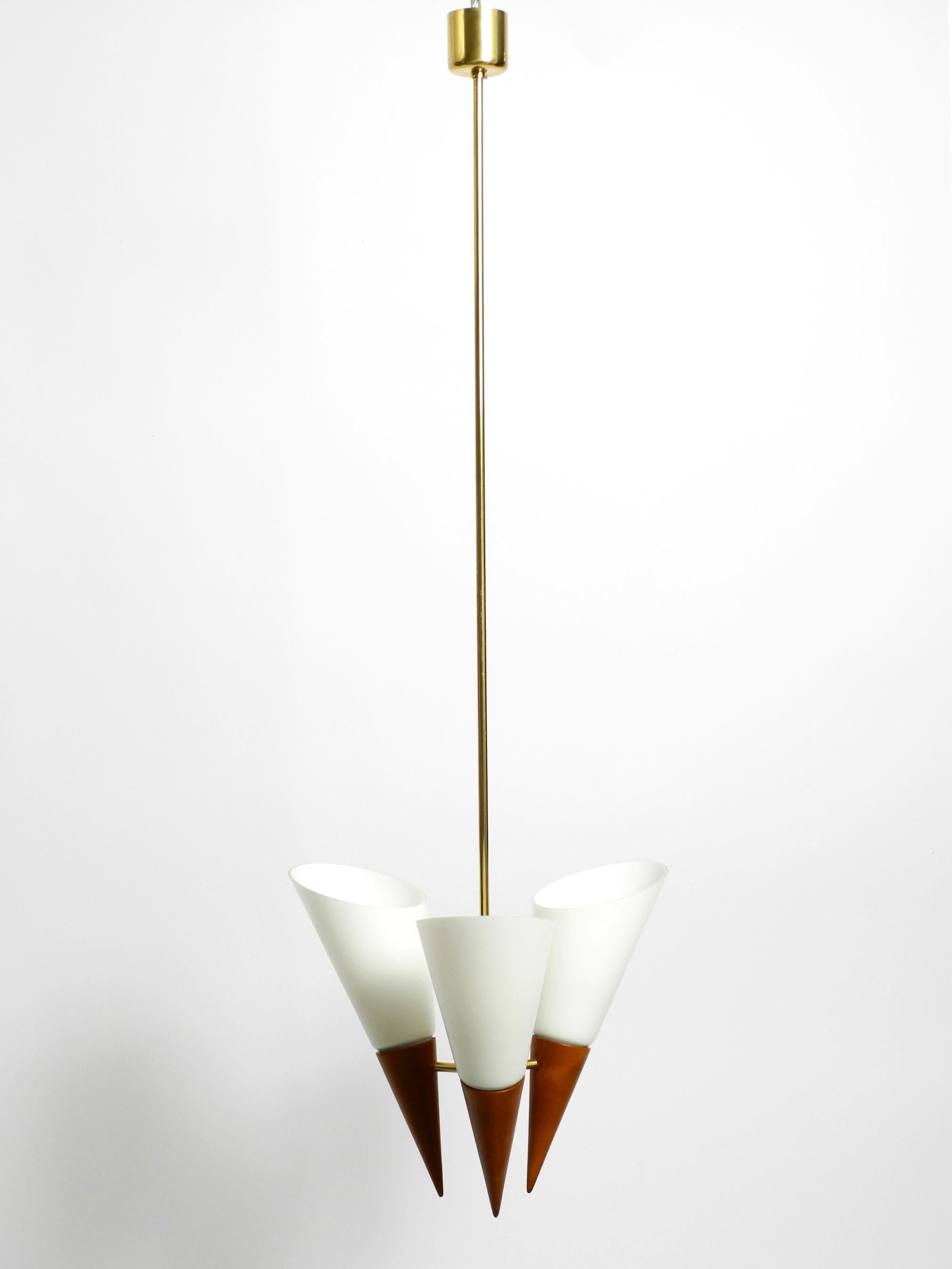Mid-20th Century Beautiful 1960s ceiling lamp made of brass, cherry wood with large glass shades  For Sale