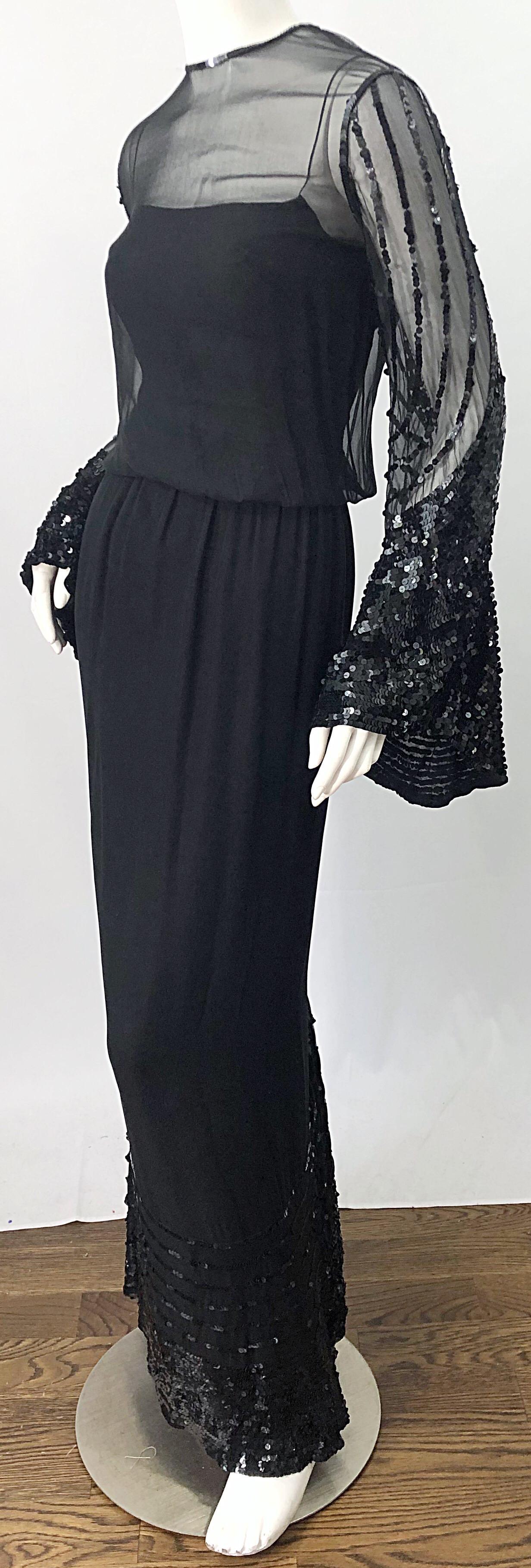 Beautiful 1960s Extra Small XS Couture Black Silk Chiffon Vintage 60s Gown Dress For Sale 6
