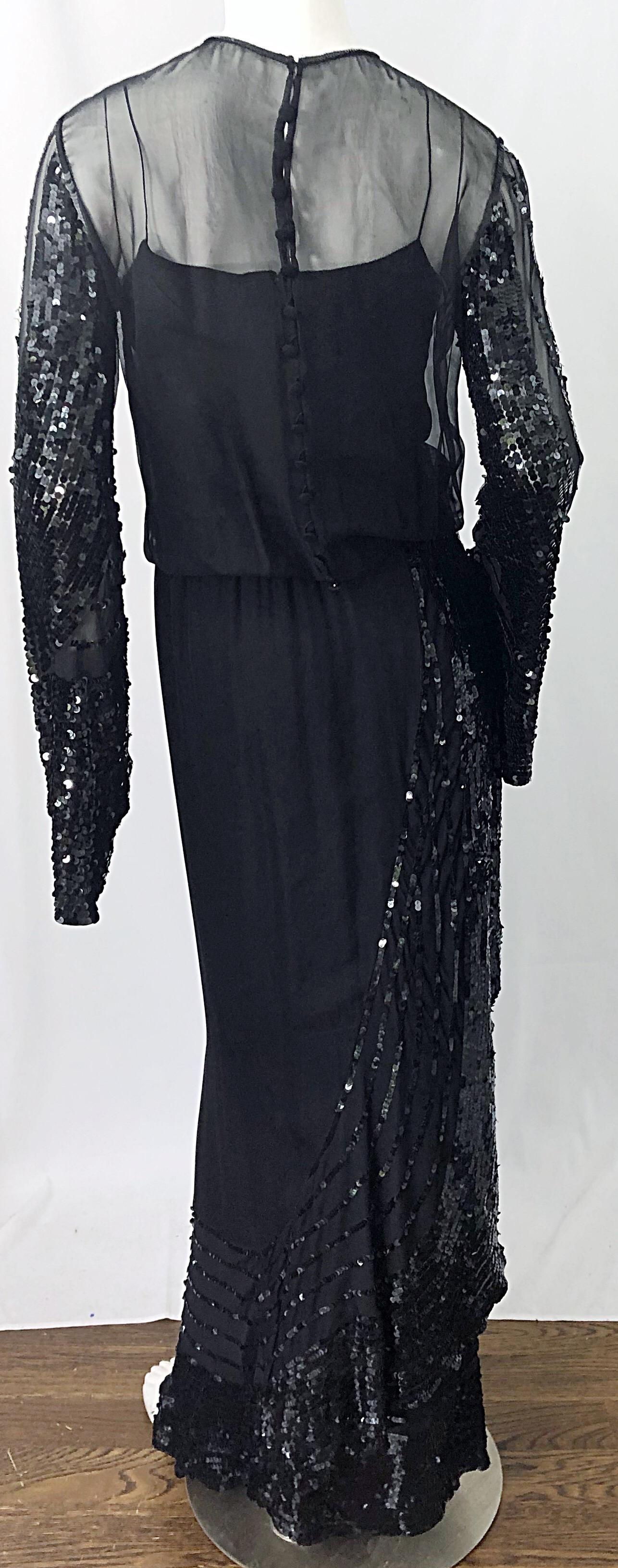 Beautiful 1960s Extra Small XS Couture Black Silk Chiffon Vintage 60s Gown Dress In Excellent Condition For Sale In San Diego, CA