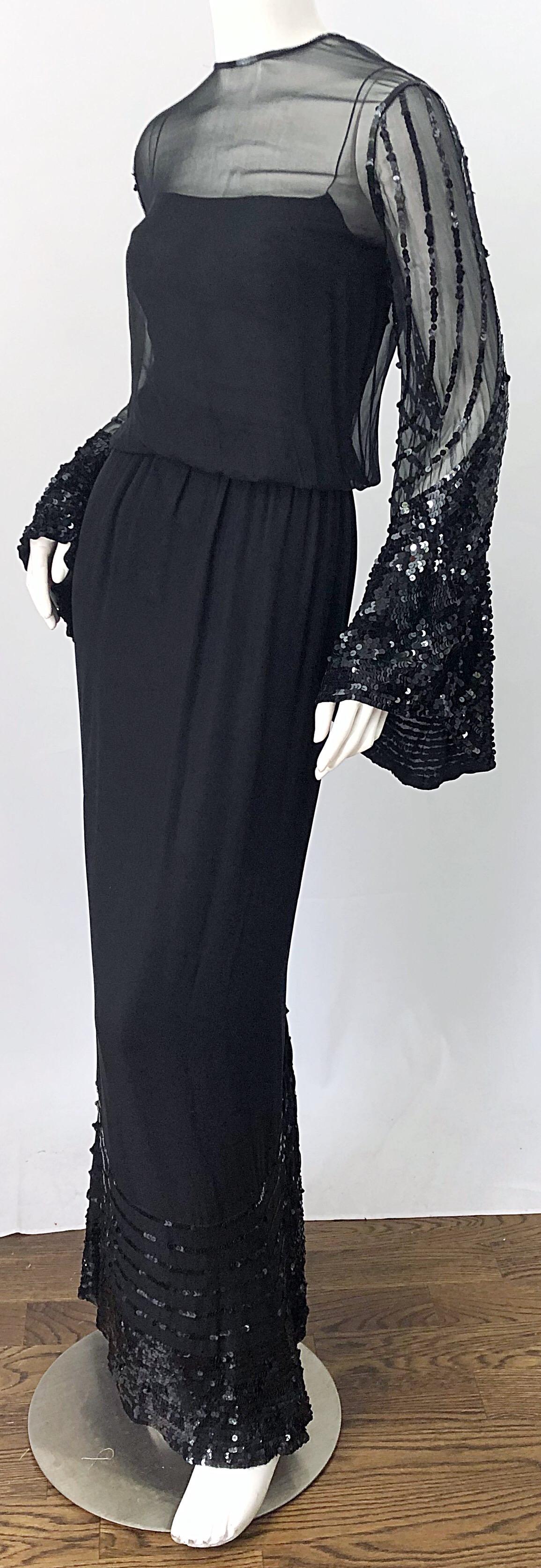 Beautiful 1960s Extra Small XS Couture Black Silk Chiffon Vintage 60s Gown Dress For Sale 1