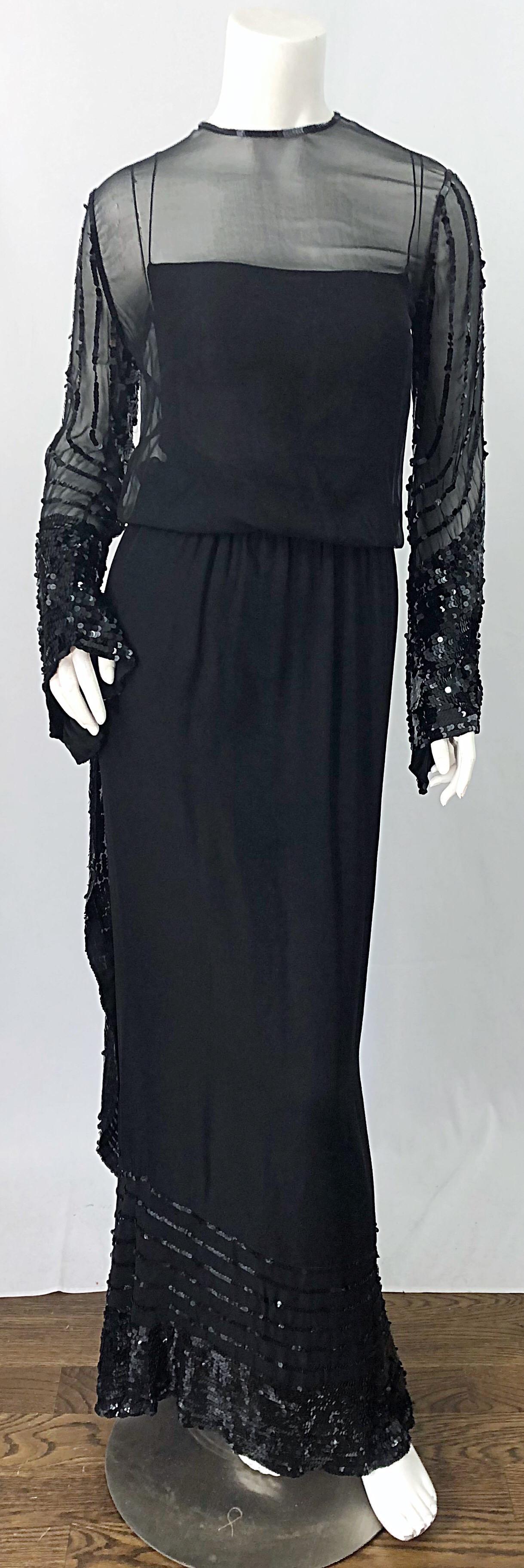 Beautiful 1960s Extra Small XS Couture Black Silk Chiffon Vintage 60s Gown Dress For Sale 4