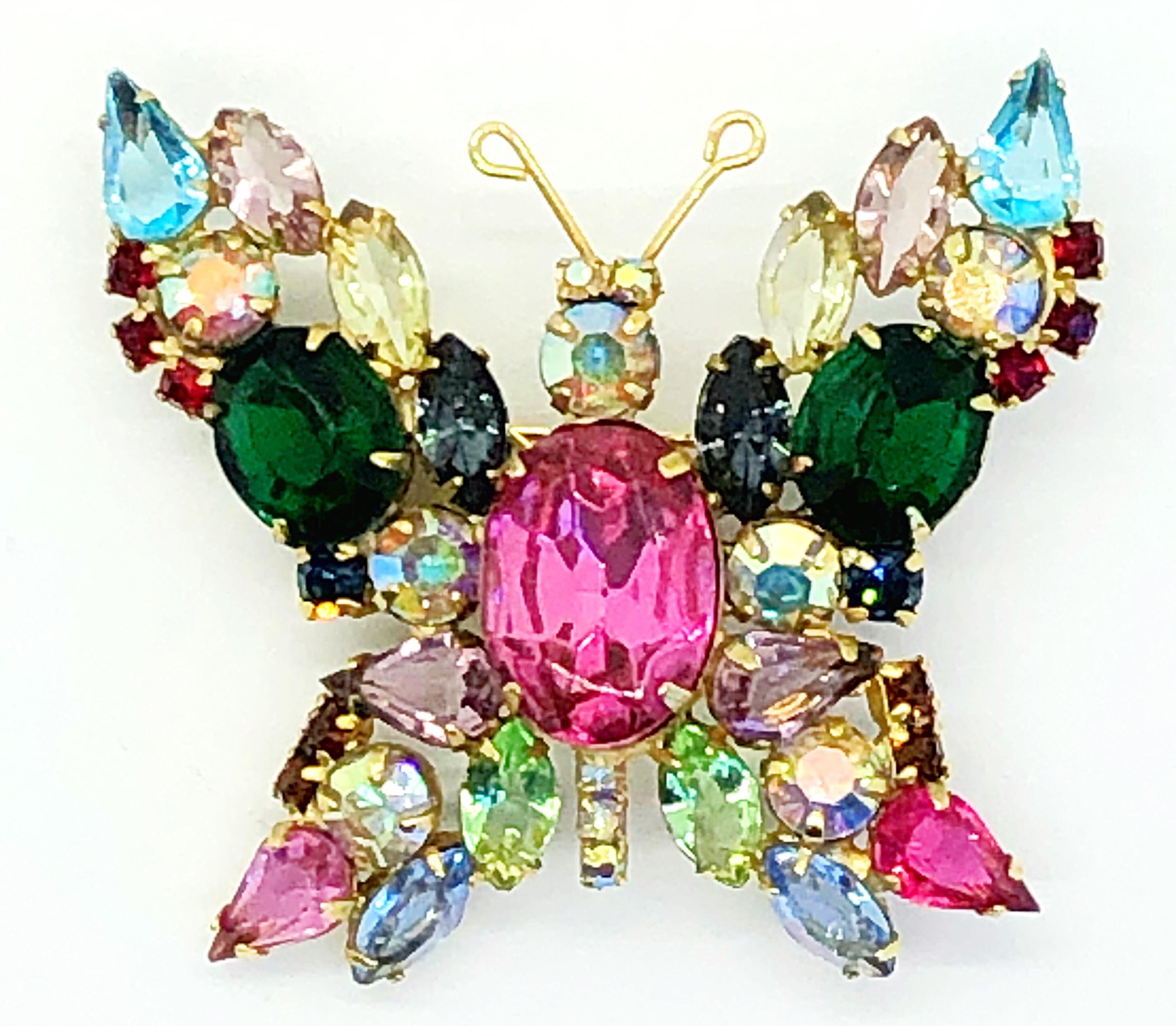 Beautiful 1960s Large Brooch Butterfly Colorful Rhinestone Vintage 60s Pin 6