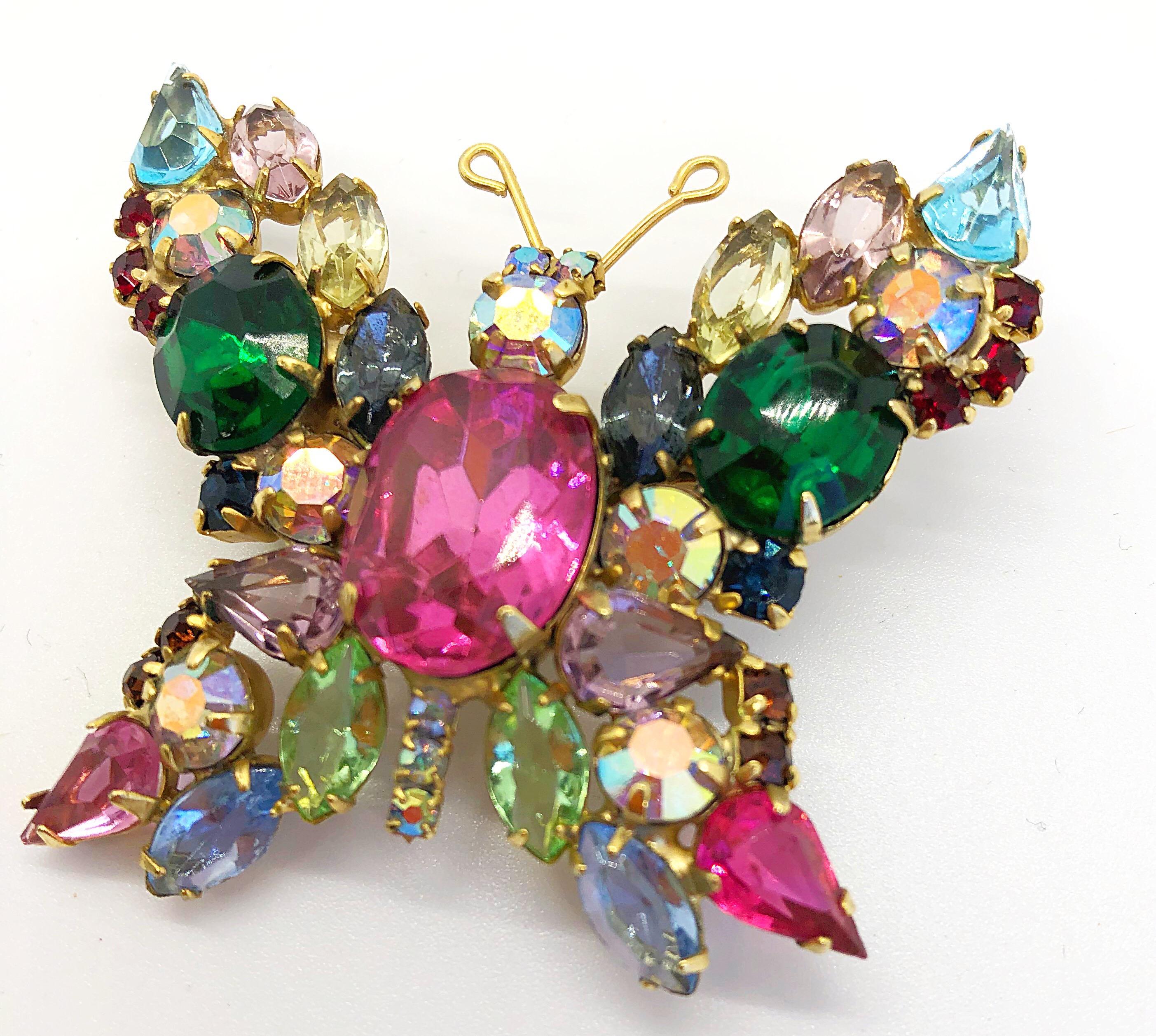 Princess Cut Beautiful 1960s Large Brooch Butterfly Colorful Rhinestone Vintage 60s Pin