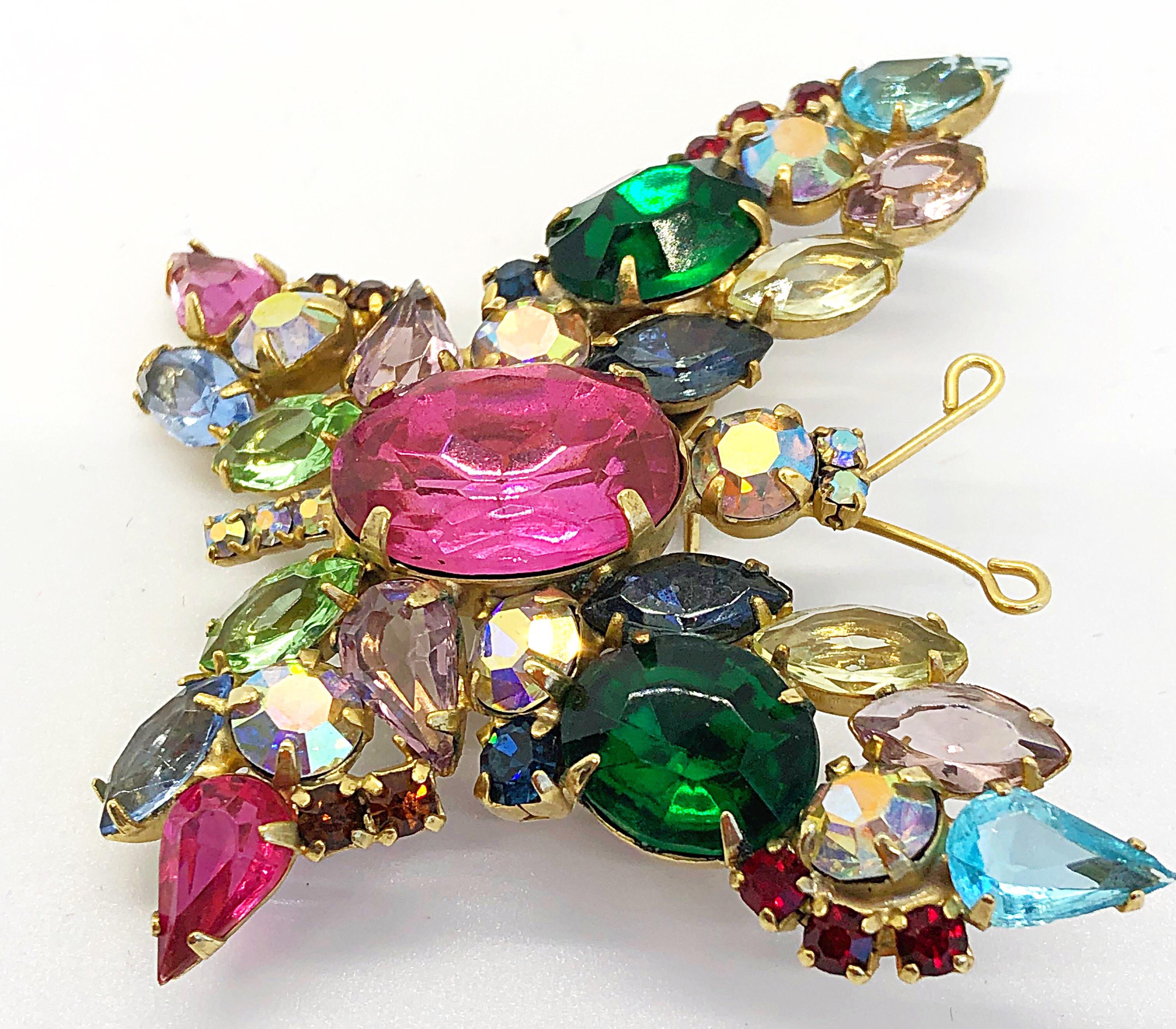 Beautiful 1960s Large Brooch Butterfly Colorful Rhinestone Vintage 60s Pin In Excellent Condition In San Diego, CA