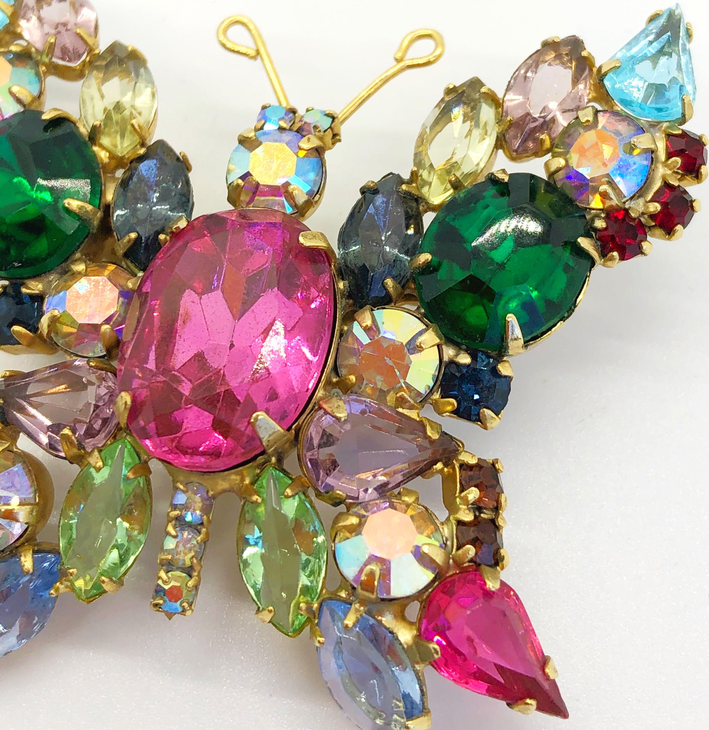 Beautiful 1960s Large Brooch Butterfly Colorful Rhinestone Vintage 60s Pin 3