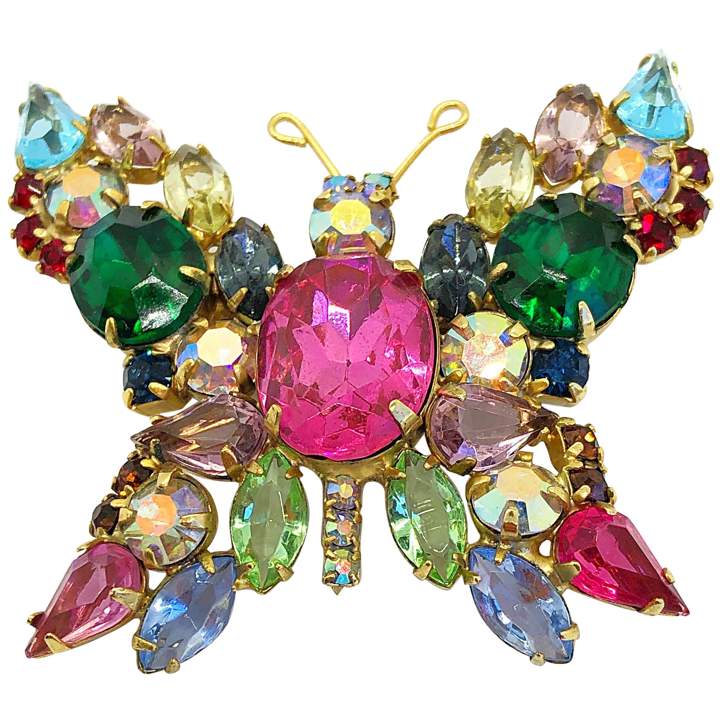 Beautiful 1960s Large Brooch Butterfly Colorful Rhinestone Vintage 60s Pin