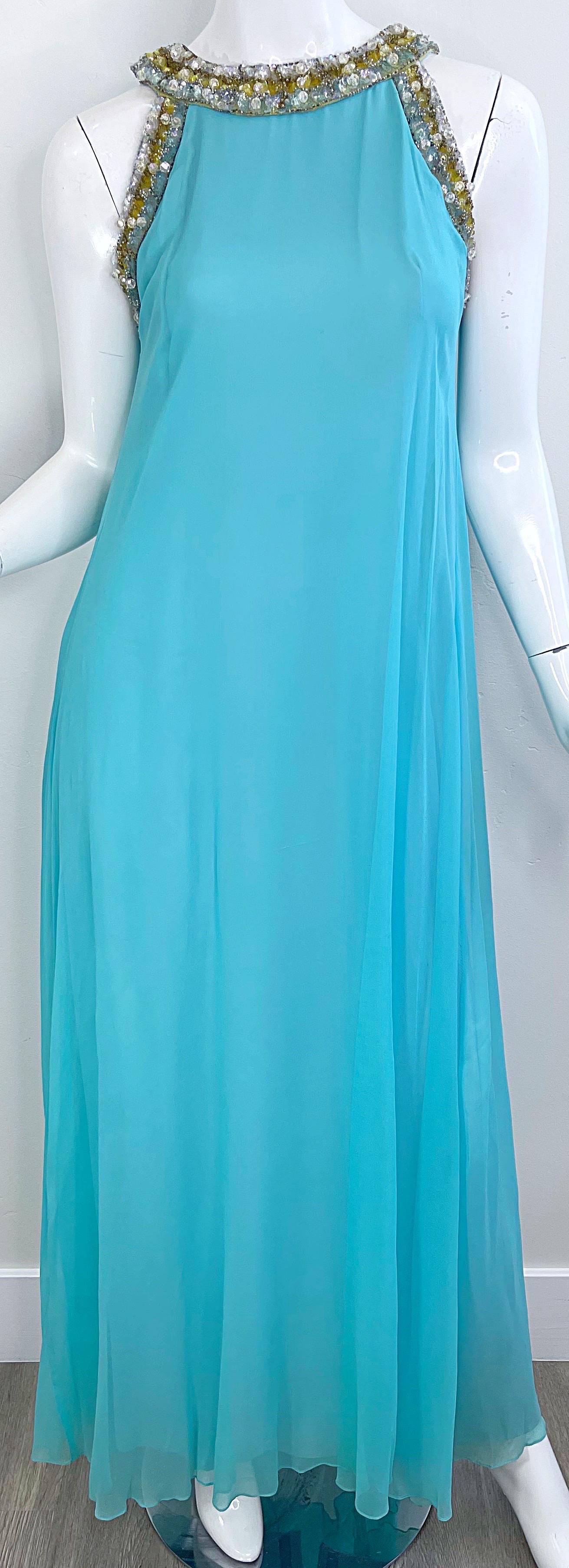 Precioso vestido griego de cuentas de gasa de seda azul turquesa de Lord & Taylor de los años 60 en venta 6
