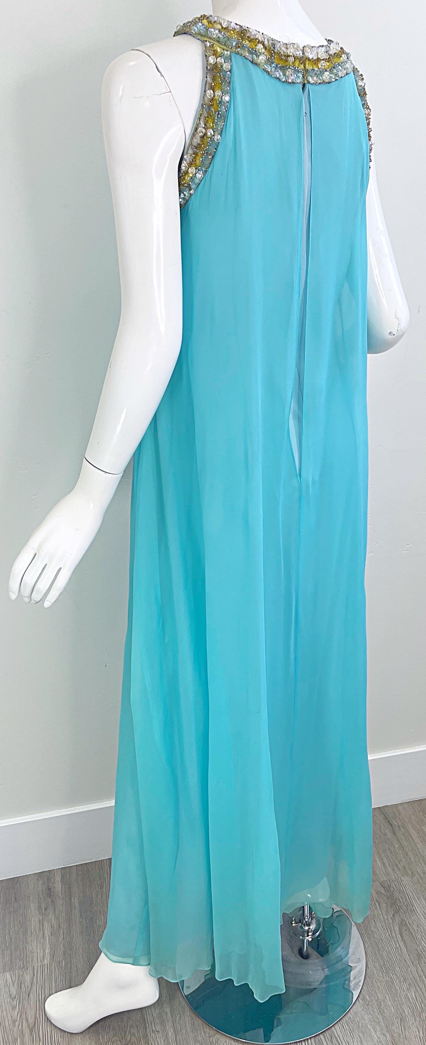 Precioso vestido griego de cuentas de gasa de seda azul turquesa de Lord & Taylor de los años 60 en venta 10