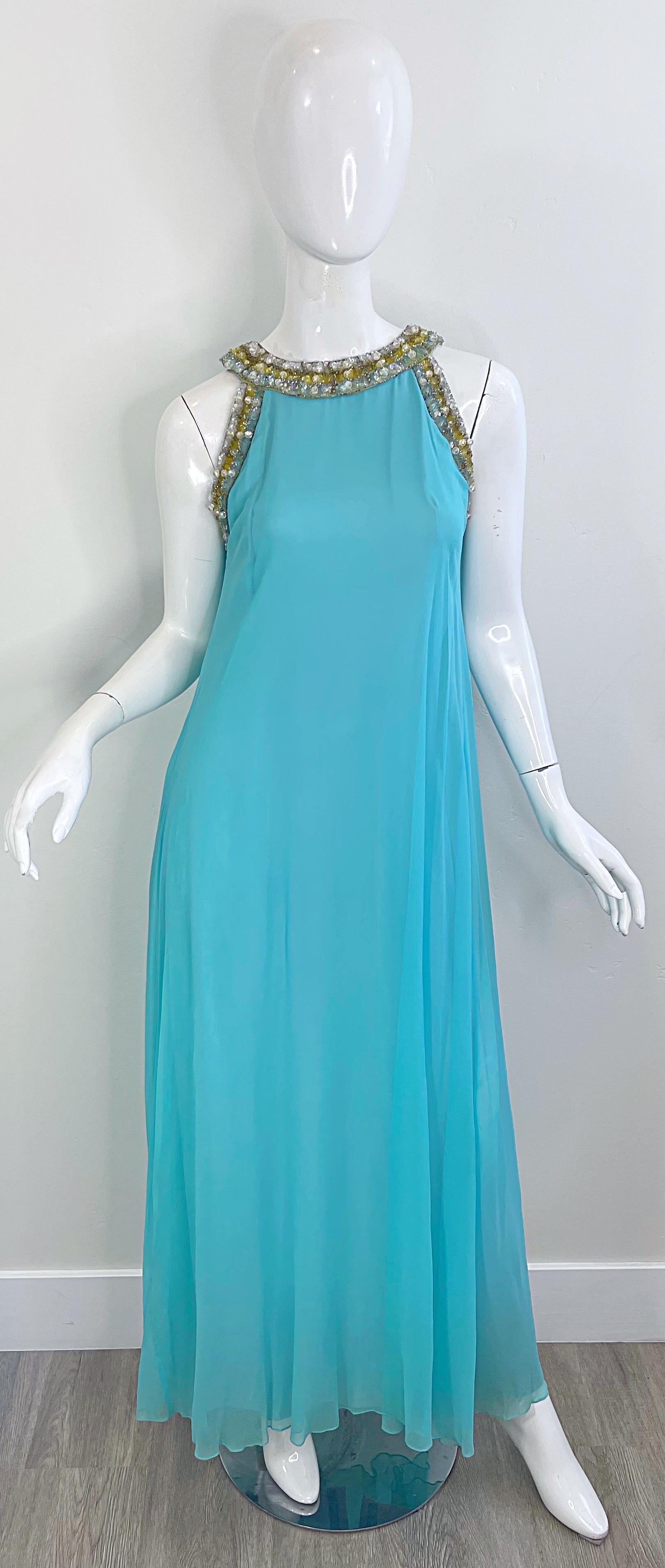 Precioso vestido griego de cuentas de gasa de seda azul turquesa de Lord & Taylor de los años 60 Azul en venta
