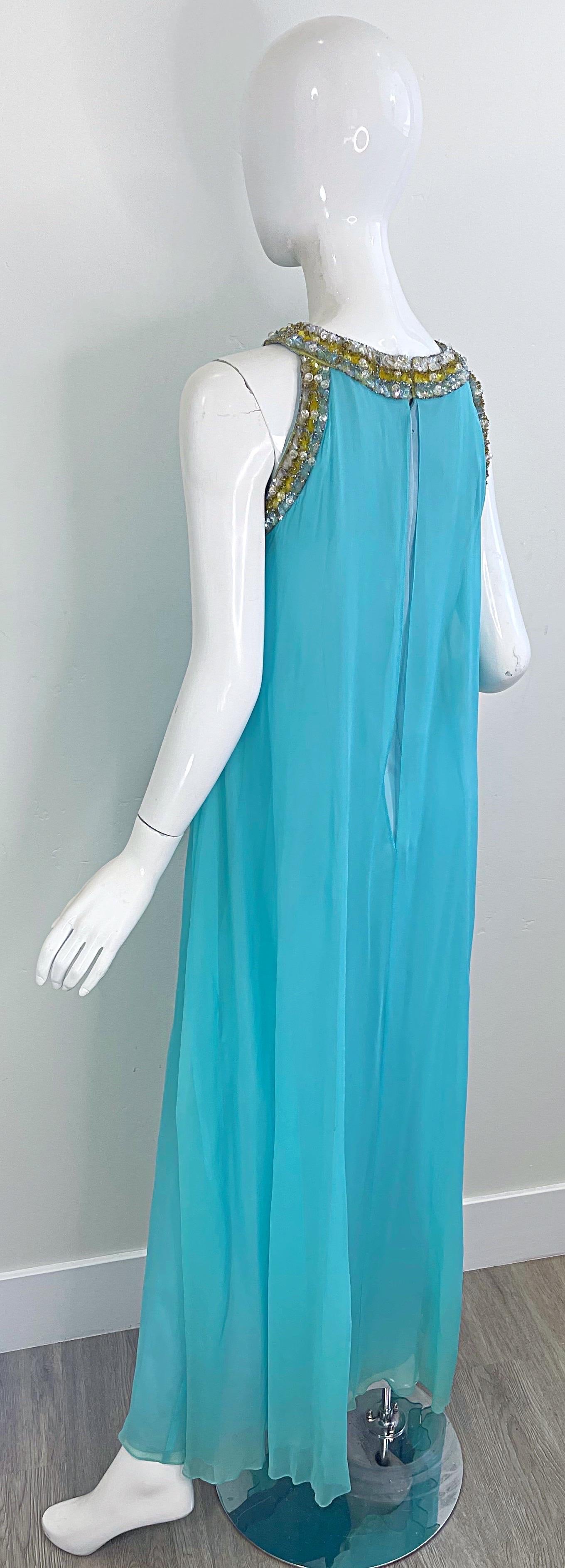 De las mujeres Precioso vestido griego de cuentas de gasa de seda azul turquesa de Lord & Taylor de los años 60 en venta