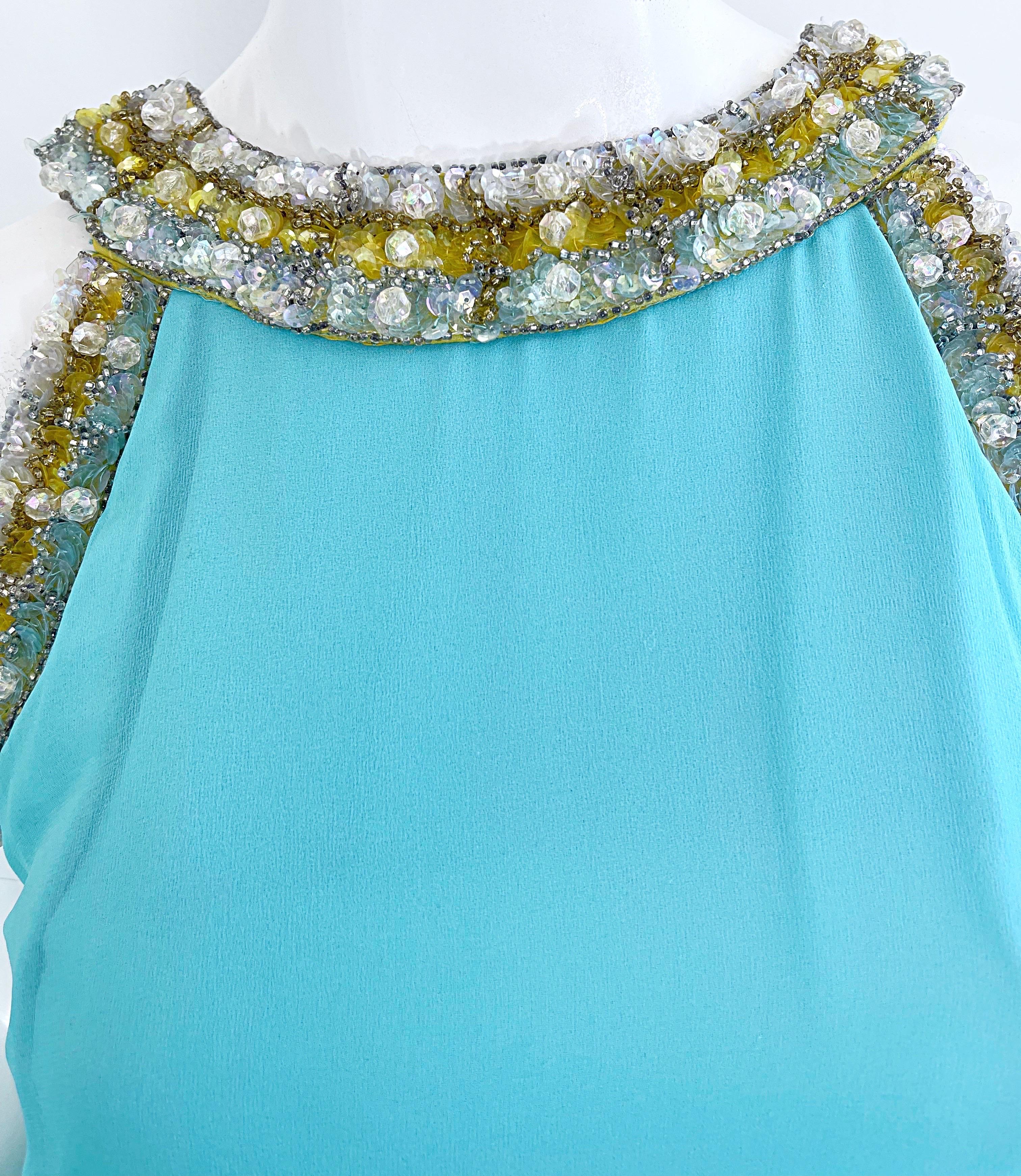 Precioso vestido griego de cuentas de gasa de seda azul turquesa de Lord & Taylor de los años 60 en venta 1