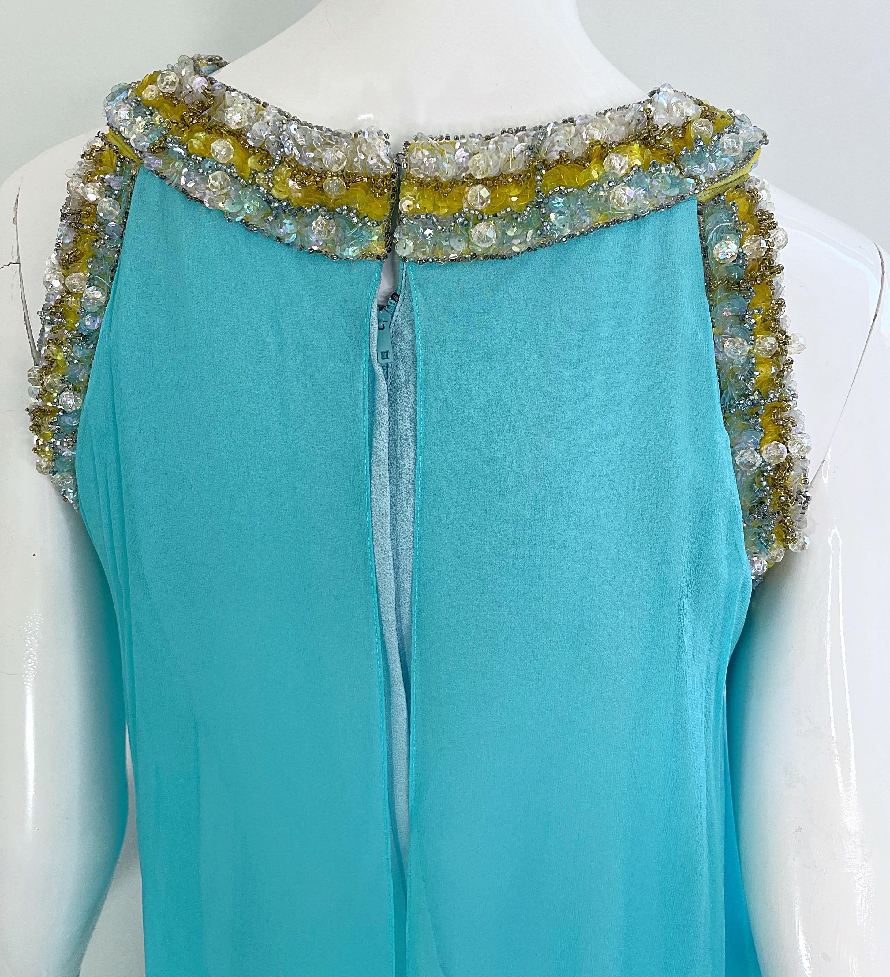 Precioso vestido griego de cuentas de gasa de seda azul turquesa de Lord & Taylor de los años 60 en venta 3