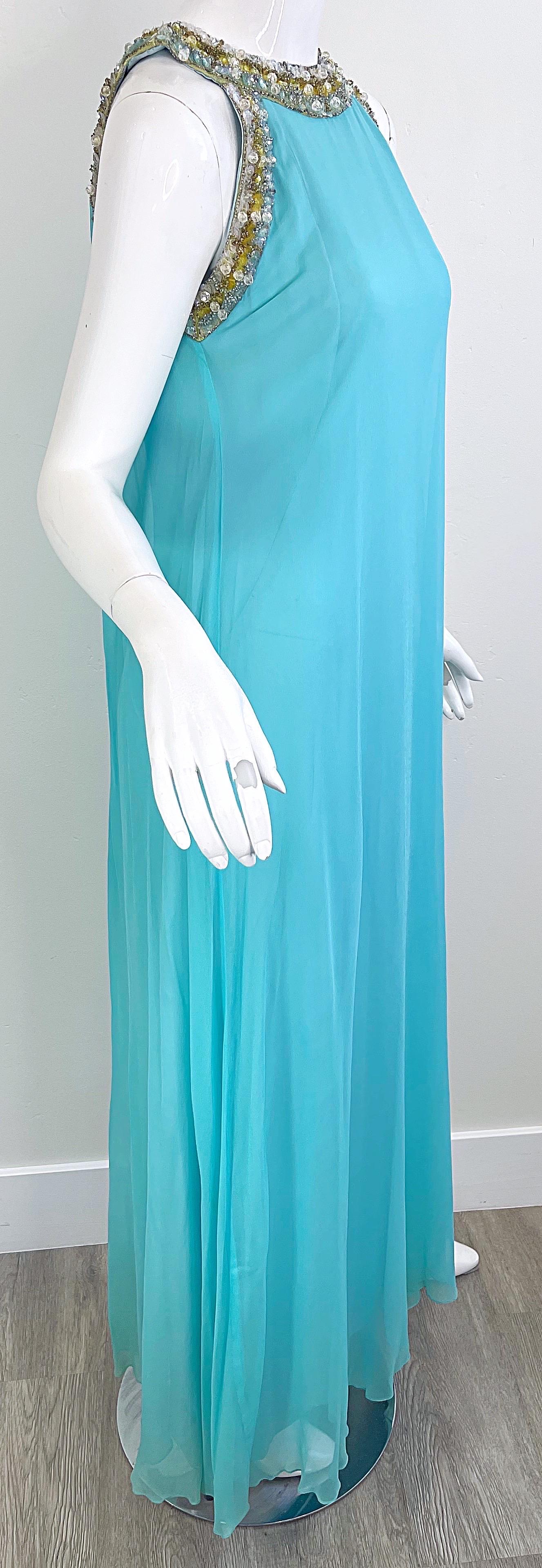 Precioso vestido griego de cuentas de gasa de seda azul turquesa de Lord & Taylor de los años 60 en venta 4