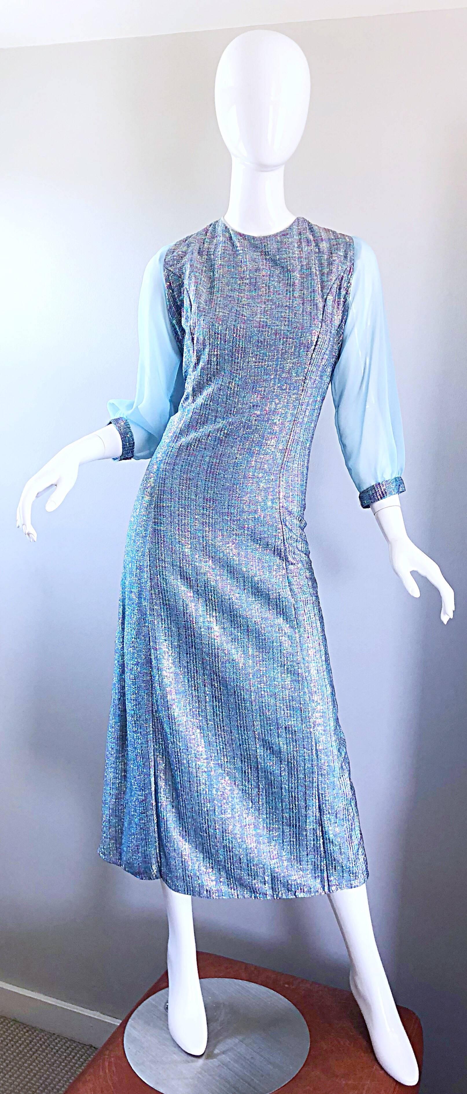 Beautiful 1960s Pale Light Blue Colorful Metallic Lurex Vintage 60s Midi Dress For Sale 2