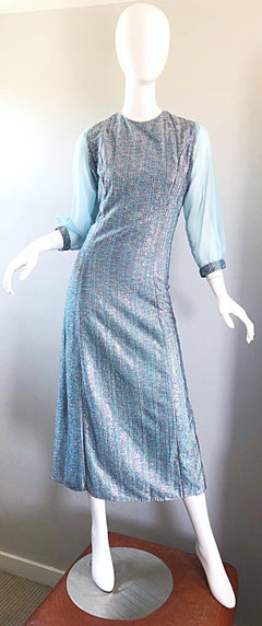 Beautiful 1960s Pale Light Blue Colorful Metallic Lurex Vintage 60s Midi Dress