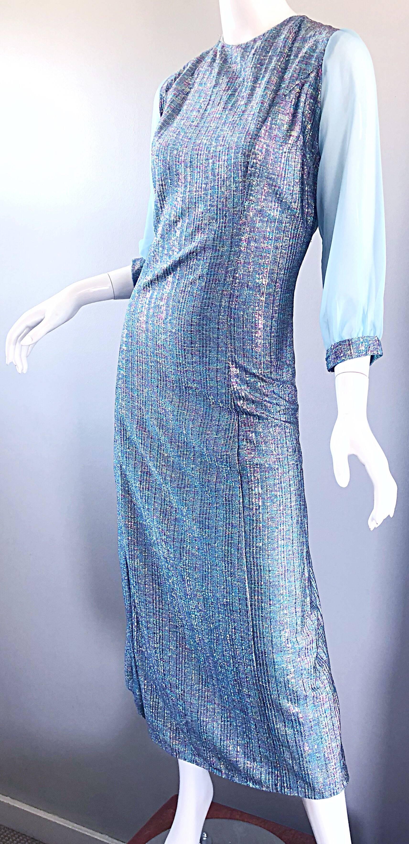Gray Beautiful 1960s Pale Light Blue Colorful Metallic Lurex Vintage 60s Midi Dress For Sale