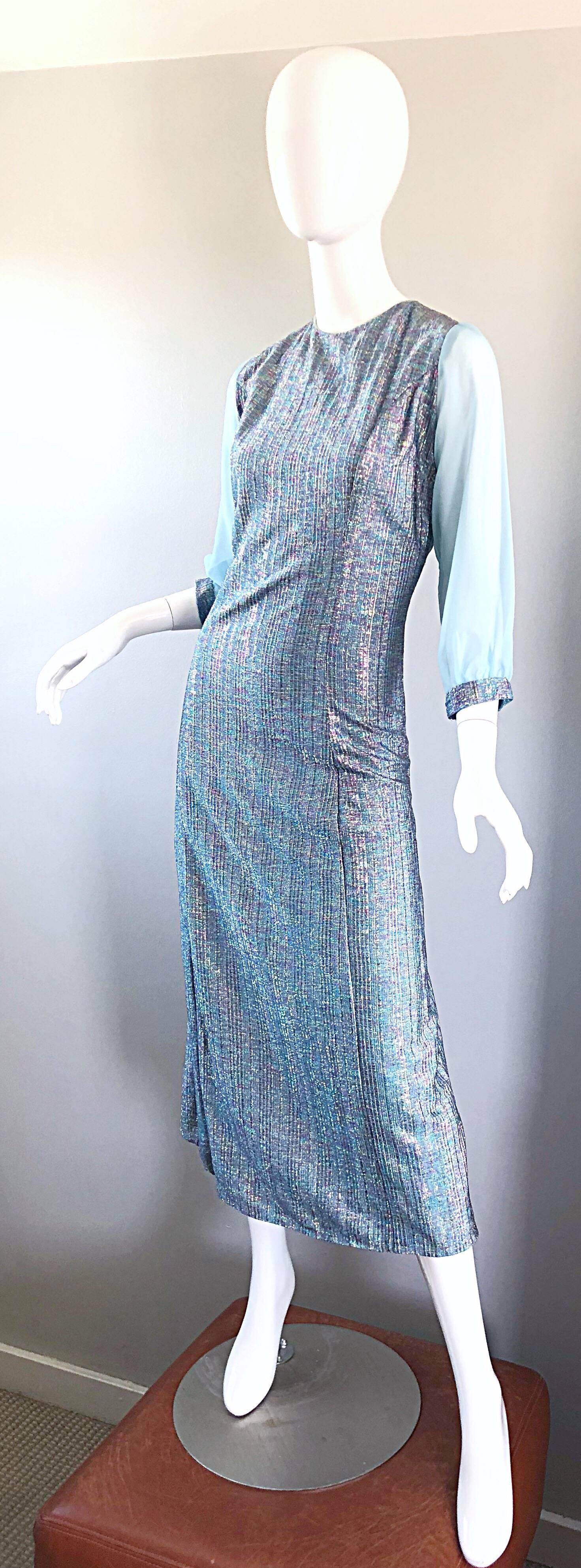 Beautiful 1960s Pale Light Blue Colorful Metallic Lurex Vintage 60s Midi Dress For Sale 1