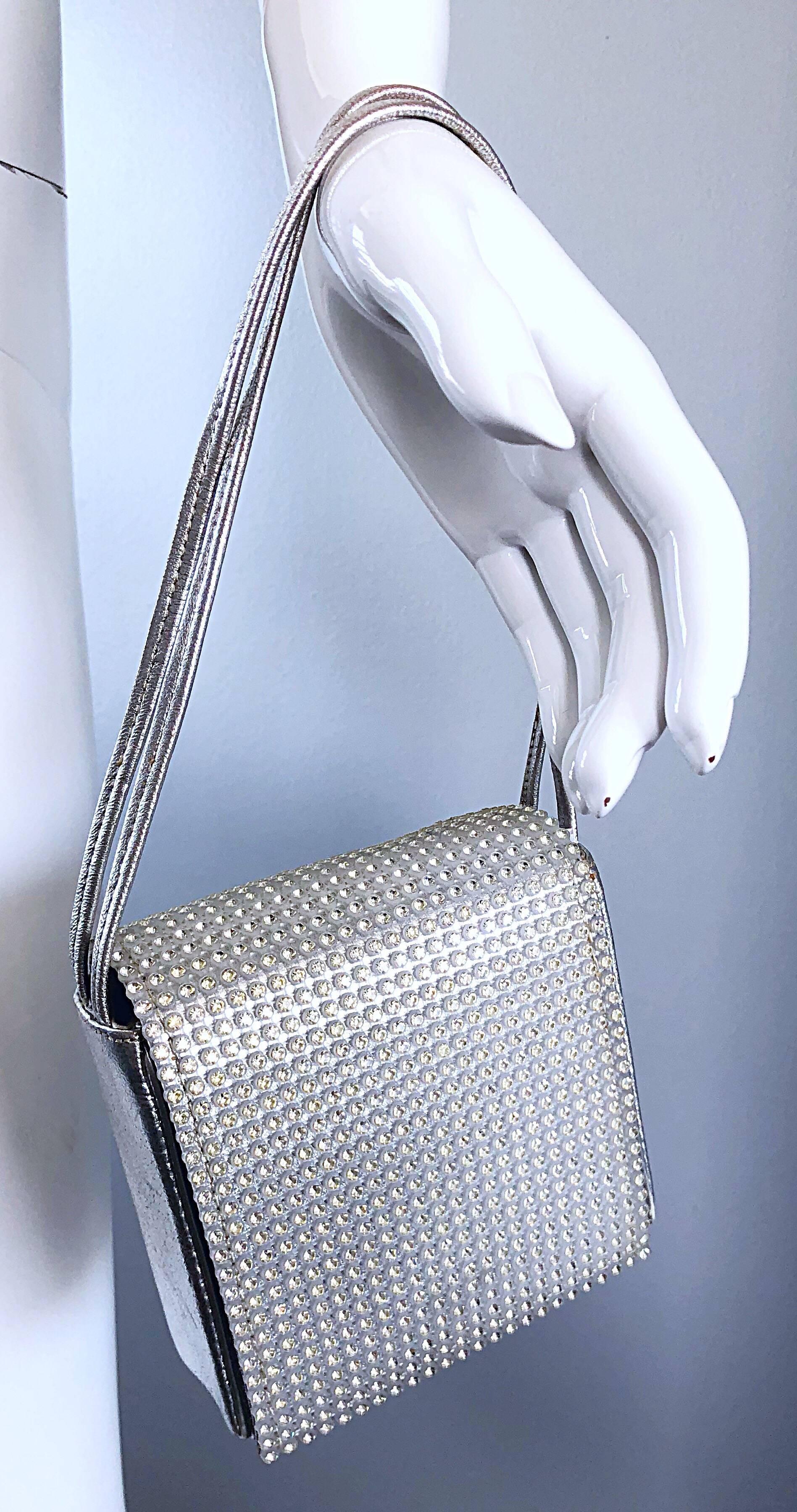 Women's Beautiful 1960s Walborg Silver Leather Rhinestone Crystal Encrusted Evening Bag