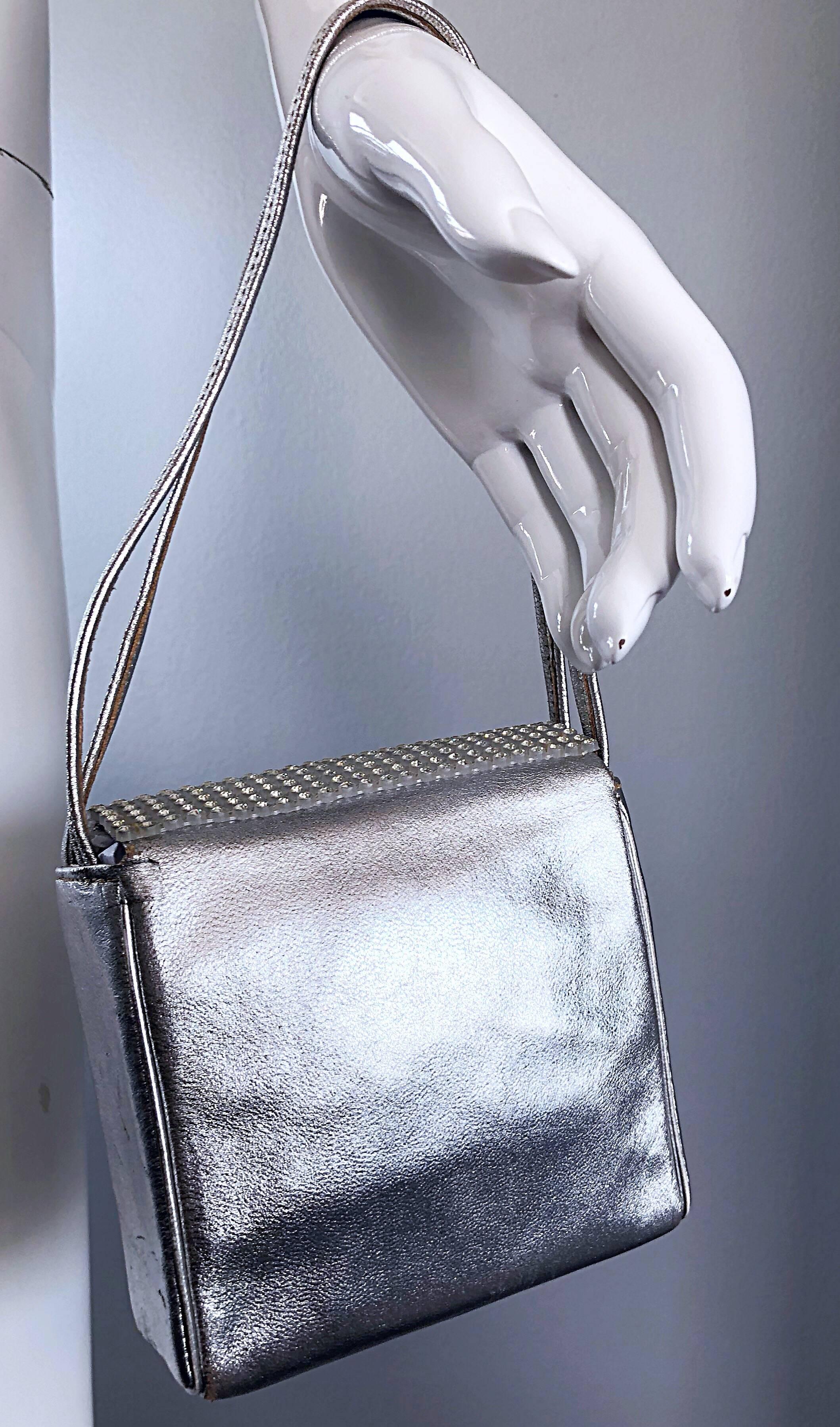 Beautiful 1960s Walborg Silver Leather Rhinestone Crystal Encrusted Evening Bag 1