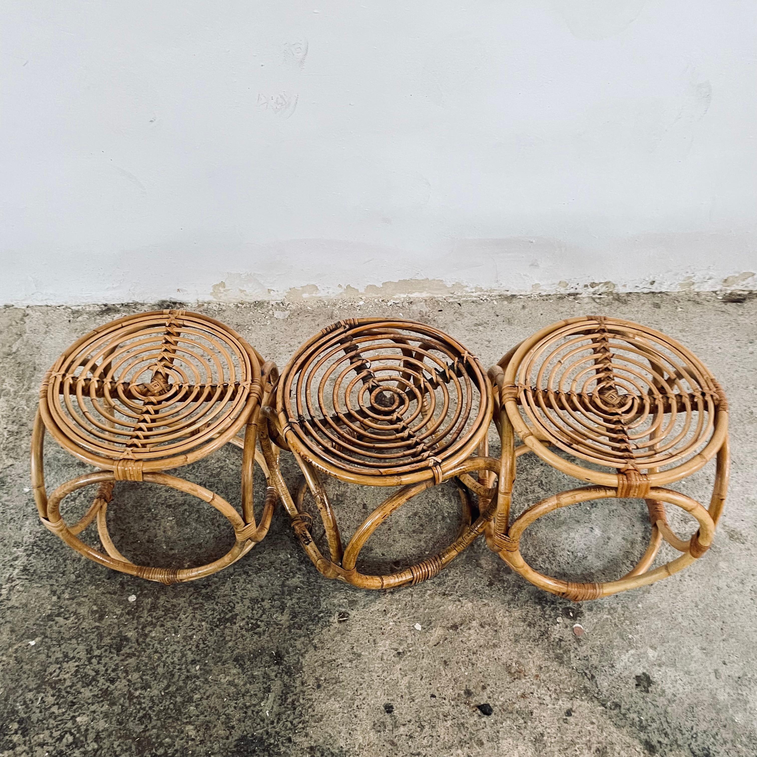 Set of 3, Very Unique 1970s Small Bamboo Side or coffee Table, can also be used as Footstool or ottoman or stool
In original condition consistent with its age and use, many decades of patina show on the finish with small chips and nicks and