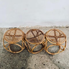 Beautiful 1970s Bamboo Side Tables, Mid-Century Rattan Footstools