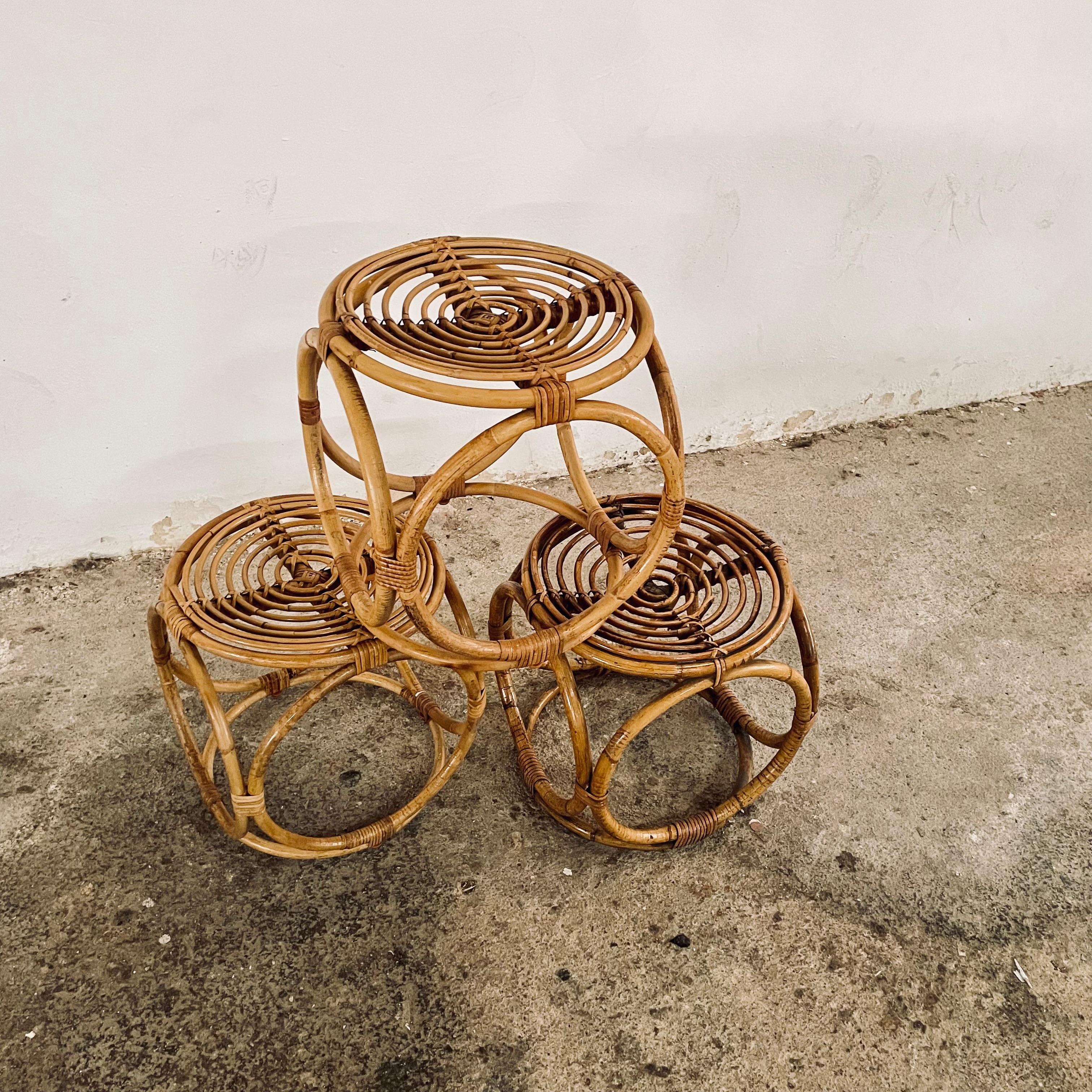 Beautiful 1970s Bamboo Side Tables, Mid-Century Rattan Footstools For Sale 4