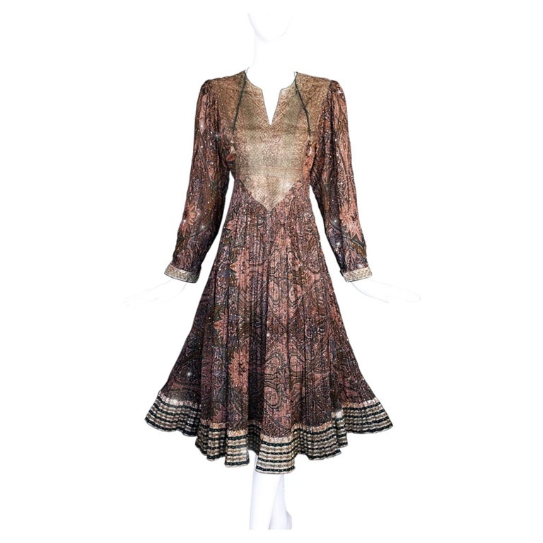 Beautiful 1970s Bohemian Silk Dress Heavy Gold Detail Embroidery