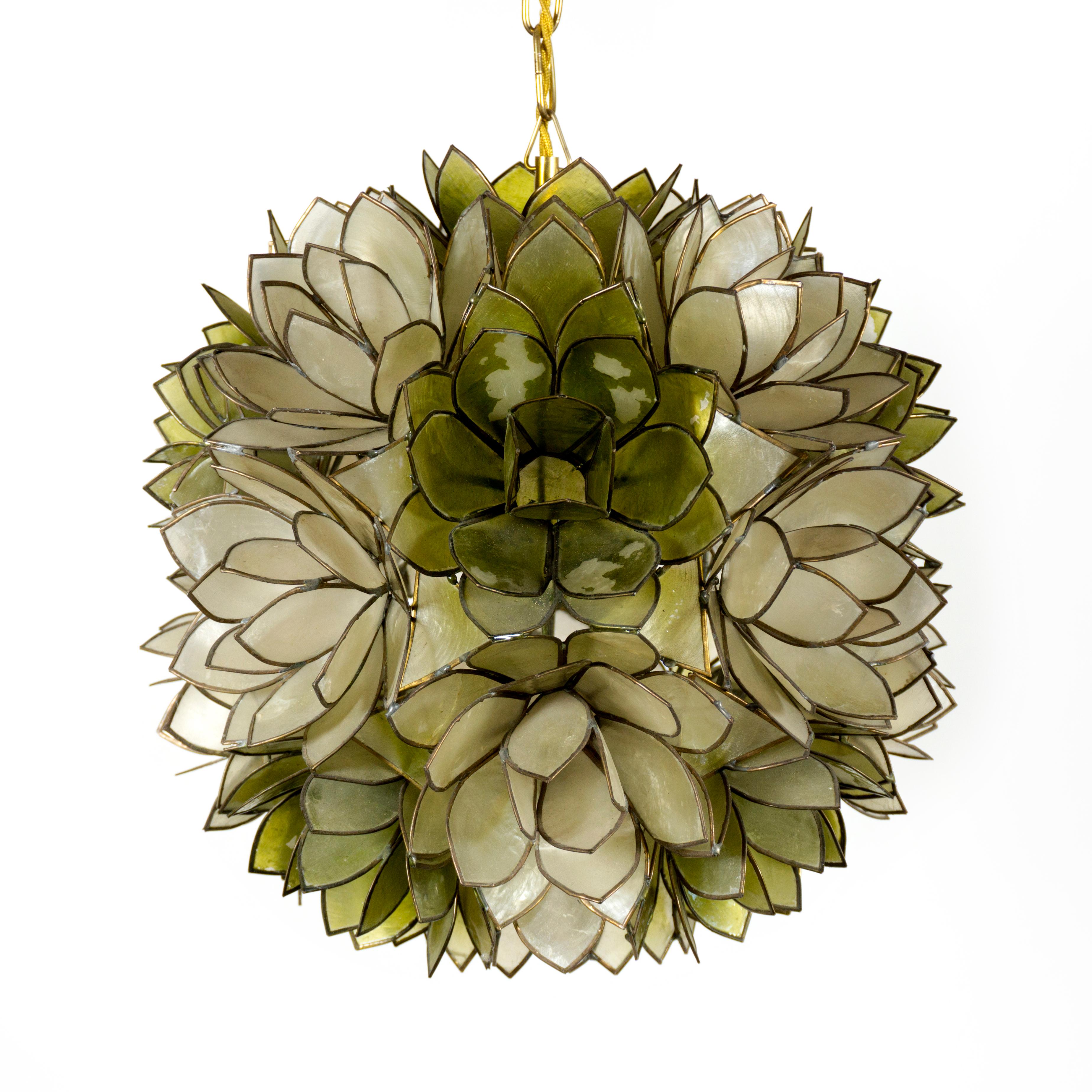 Mid-Century Modern Beautiful 1970s Capiz Lotus Shell Mother-of-Pearl Ceiling Light with Brass Chain For Sale