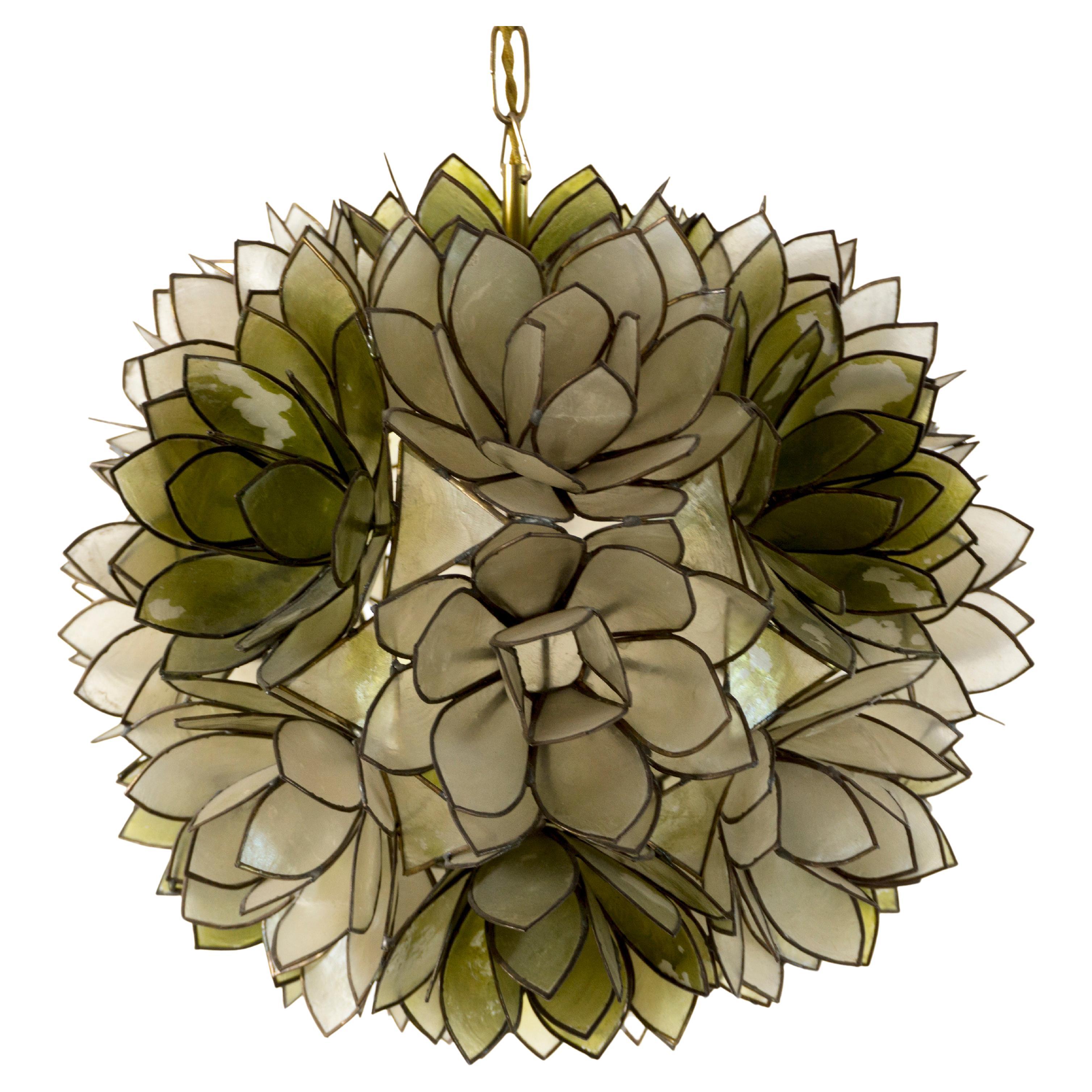 Beautiful 1970s Capiz Lotus Shell Mother-of-Pearl Ceiling Light with Brass Chain For Sale