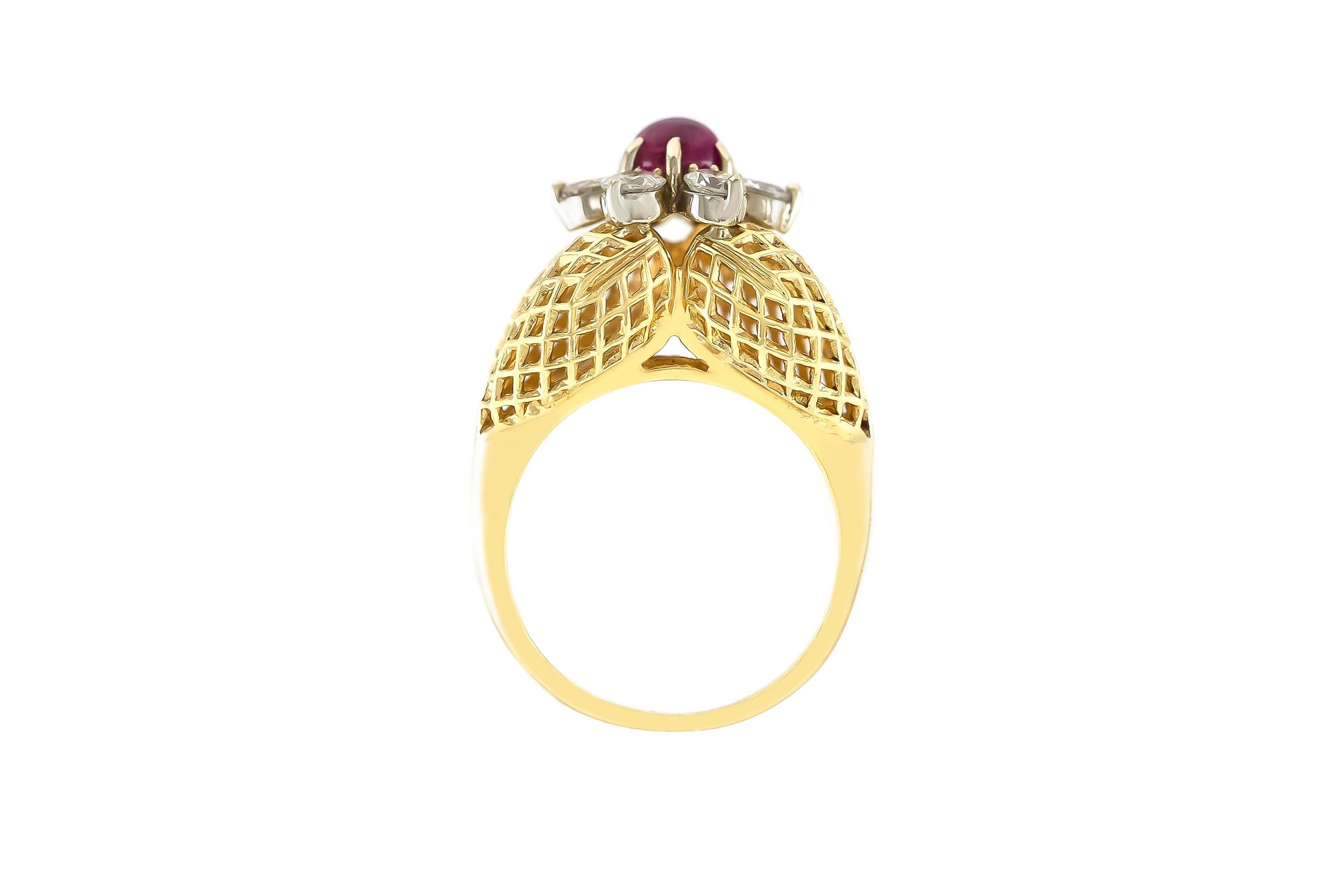 The ring is finely crafted in 14 yellow gold with center ruby weighing approximately total of 0.50 carat and diamonds around weighing approximately total of 0.60 carat.
Circa 1970.
