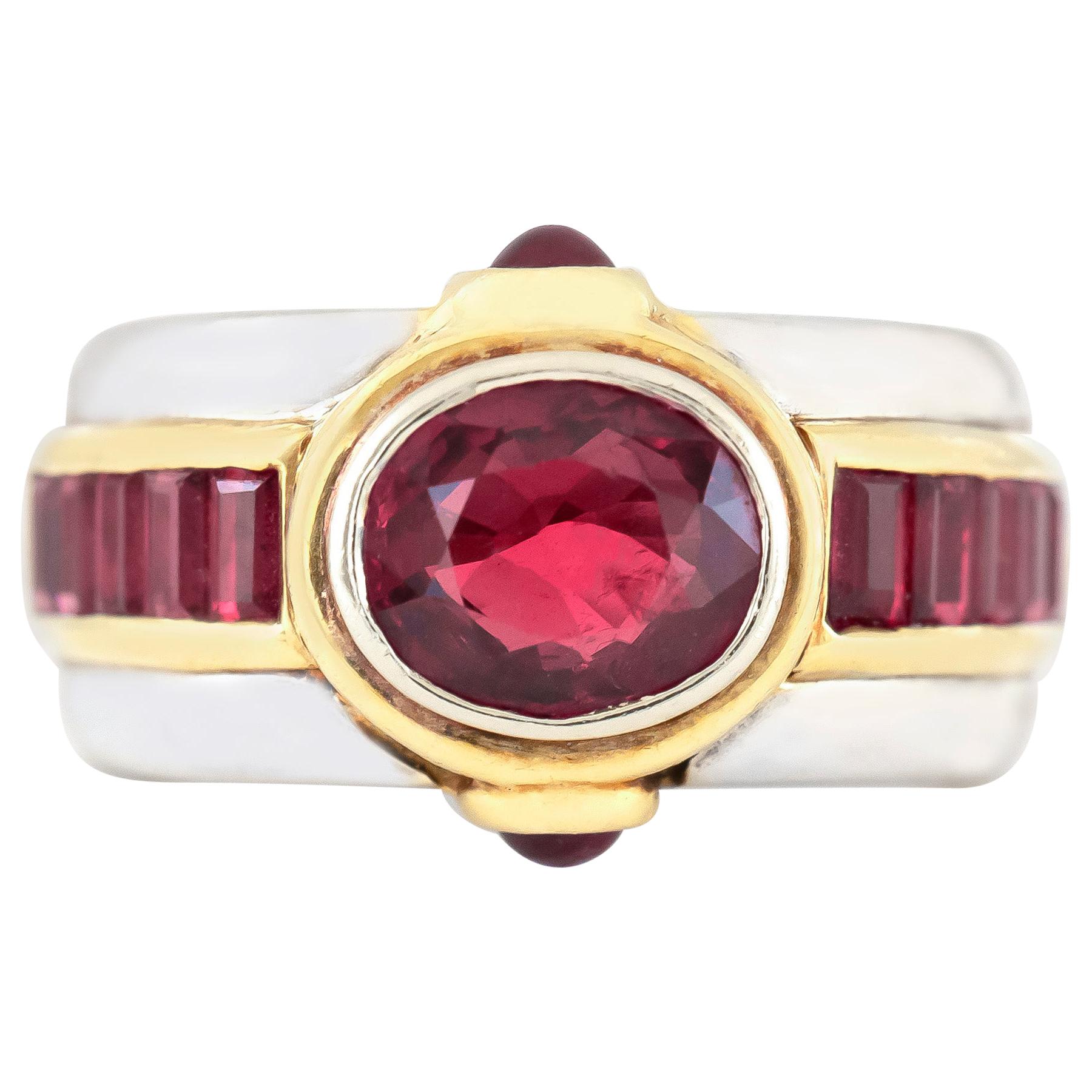 Beautiful 1970s Center Ruby with Rubies on the Side Ring For Sale