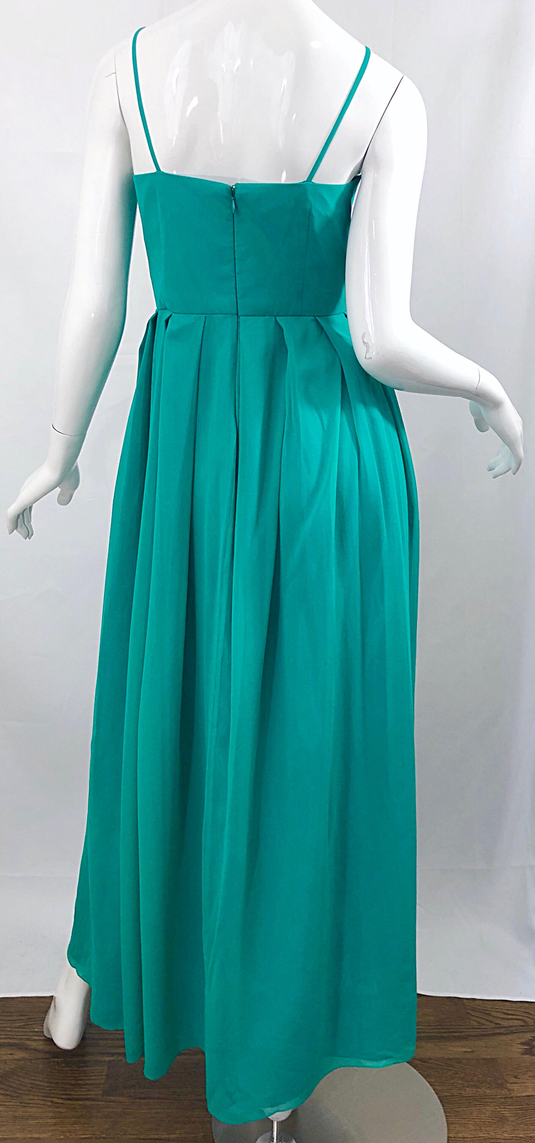 Beautiful 1970s Current Size 8 / 10 Teal Blue Aqua Silk Chiffon Couture 70s Gown For Sale 3