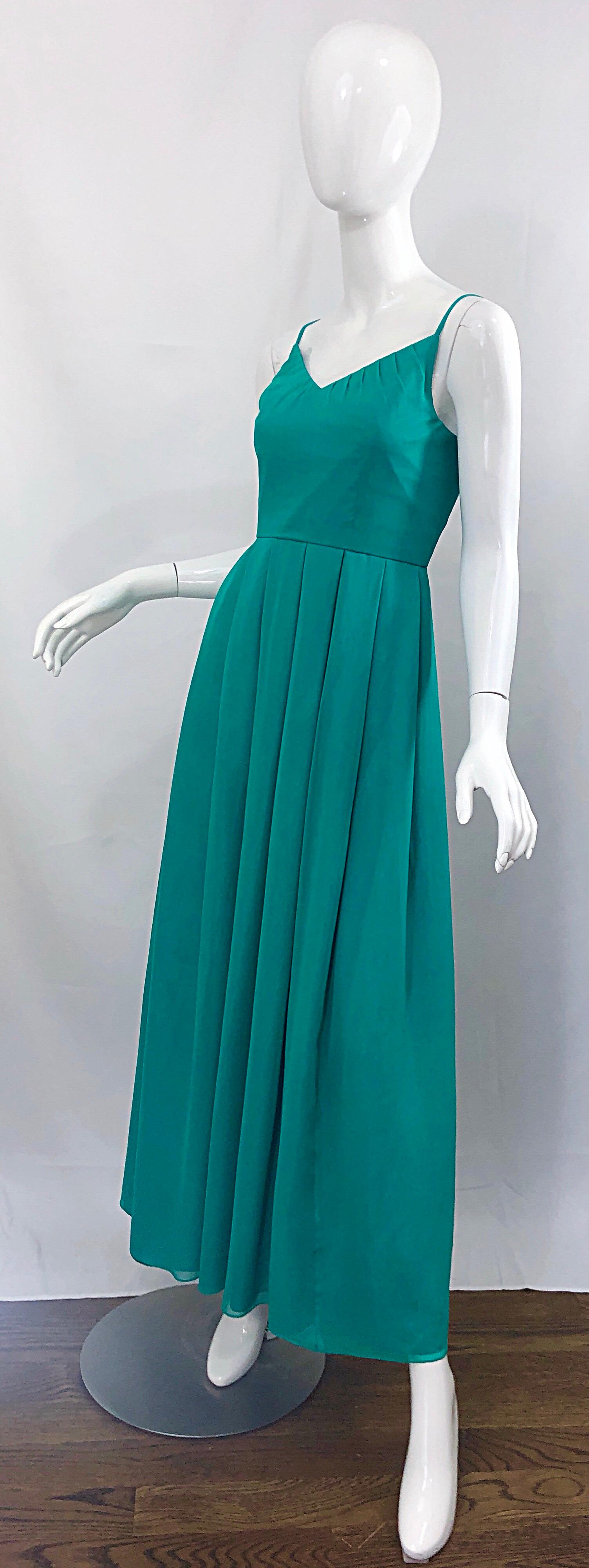 Beautiful 1970s Current Size 8 / 10 Teal Blue Aqua Silk Chiffon Couture 70s Gown For Sale 4
