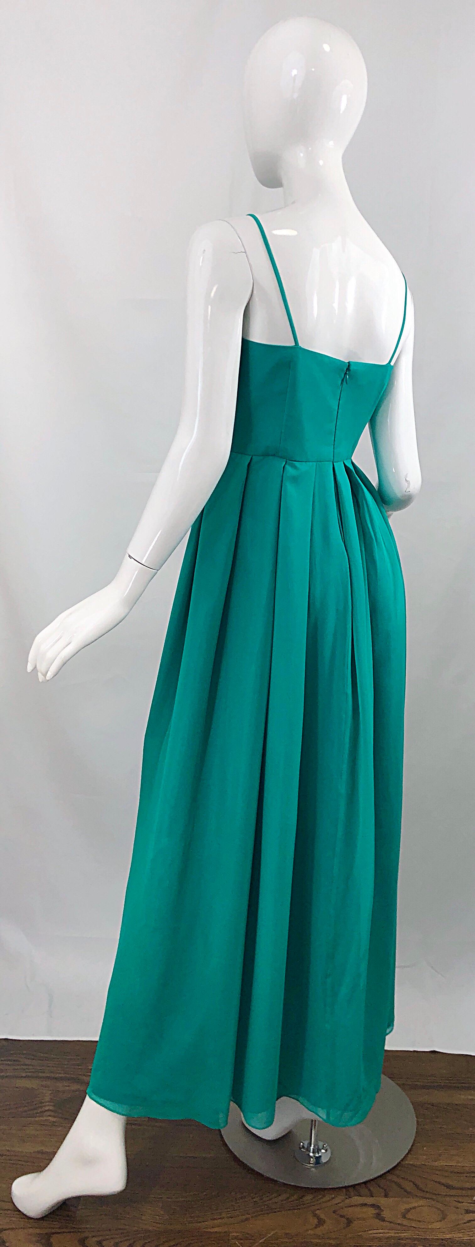 Beautiful 1970s Current Size 8 / 10 Teal Blue Aqua Silk Chiffon Couture 70s Gown For Sale 6