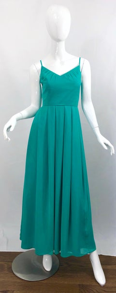 Beautiful 1970s Current Size 8 / 10 Teal Blue Aqua Silk Chiffon Couture 70s Gown