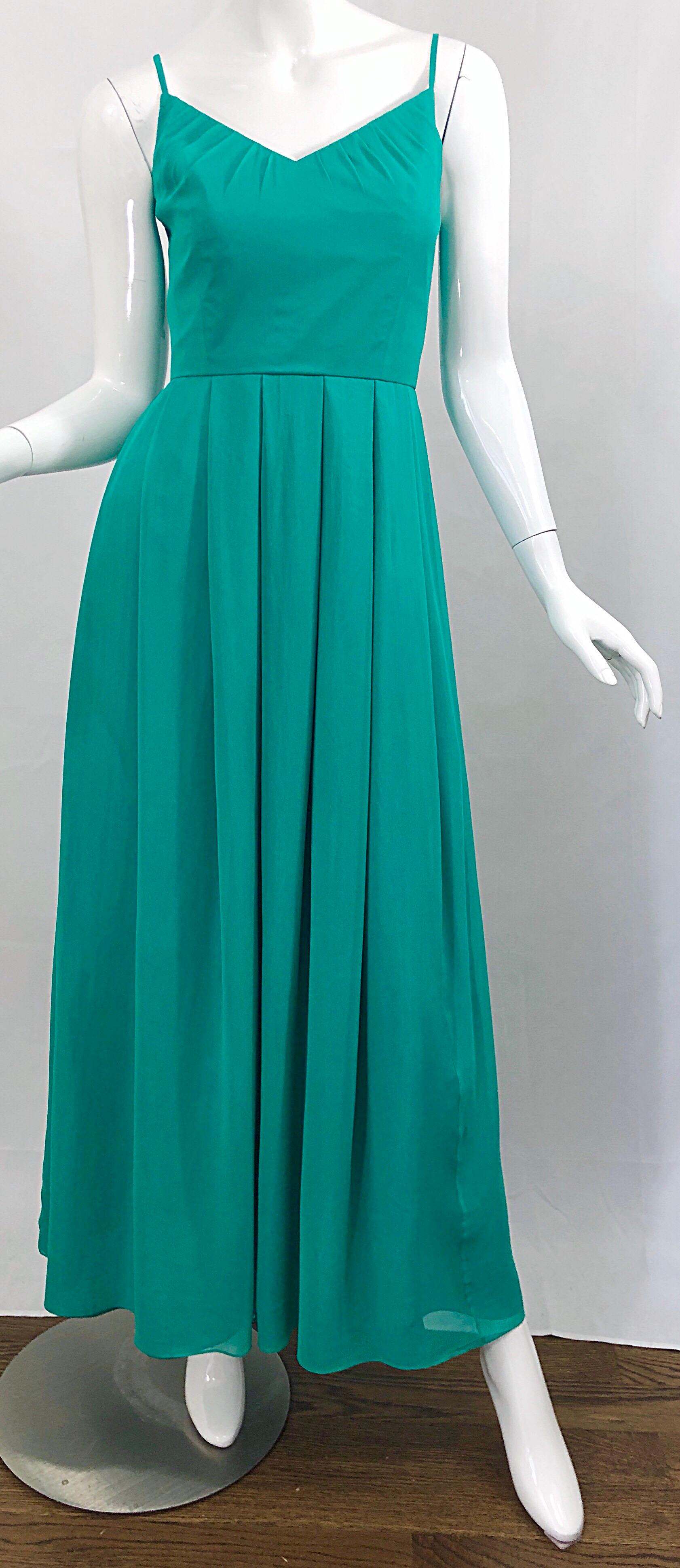 Beautiful 1970s Current Size 8 / 10 Teal Blue Aqua Silk Chiffon Couture 70s Gown For Sale 1