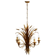 Retro Beautiful 1970s gold-plated 5-arm tall metal chandelier by Hans Kögl