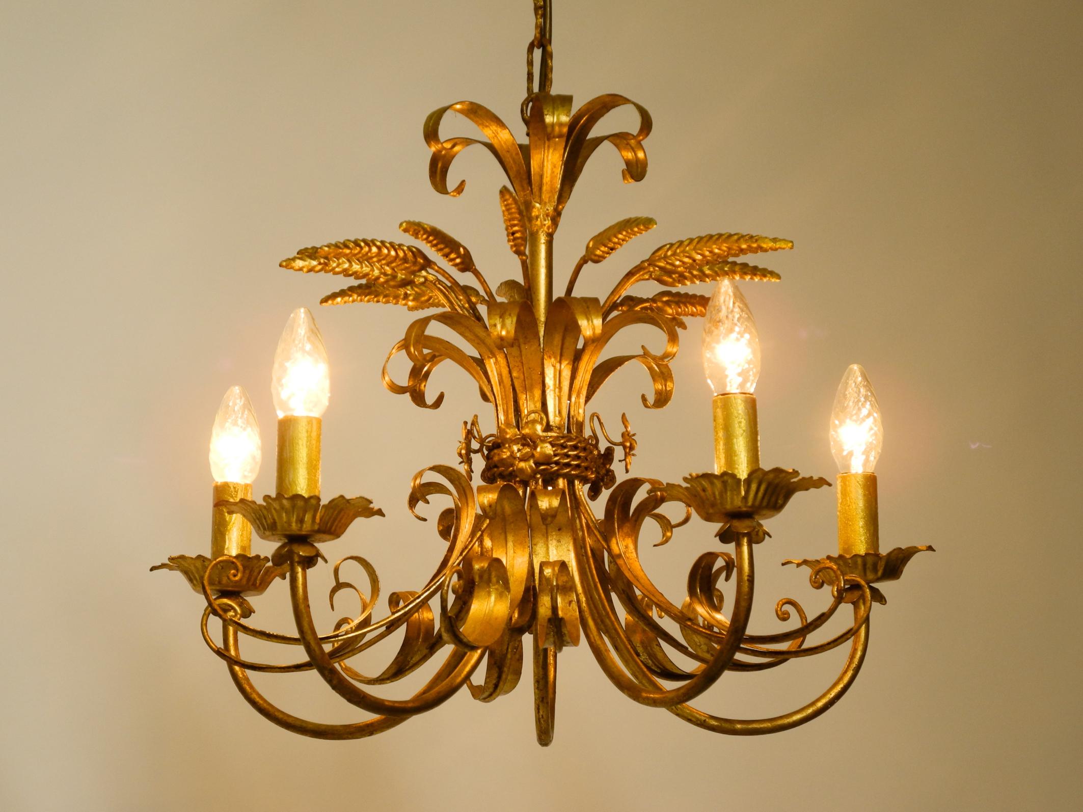 Beautiful 1970s gold-plated large 5-armed metal chandelier by Hans Kögl In Good Condition In München, DE